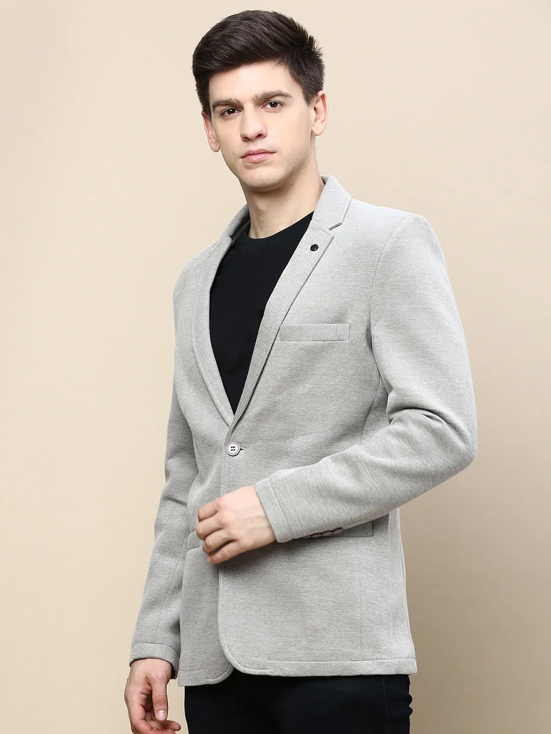 Men Beige Solid Casual Blazers