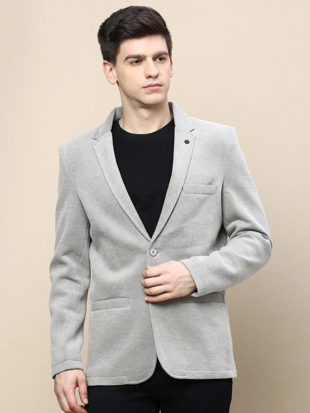 Men Beige Solid Casual Blazers