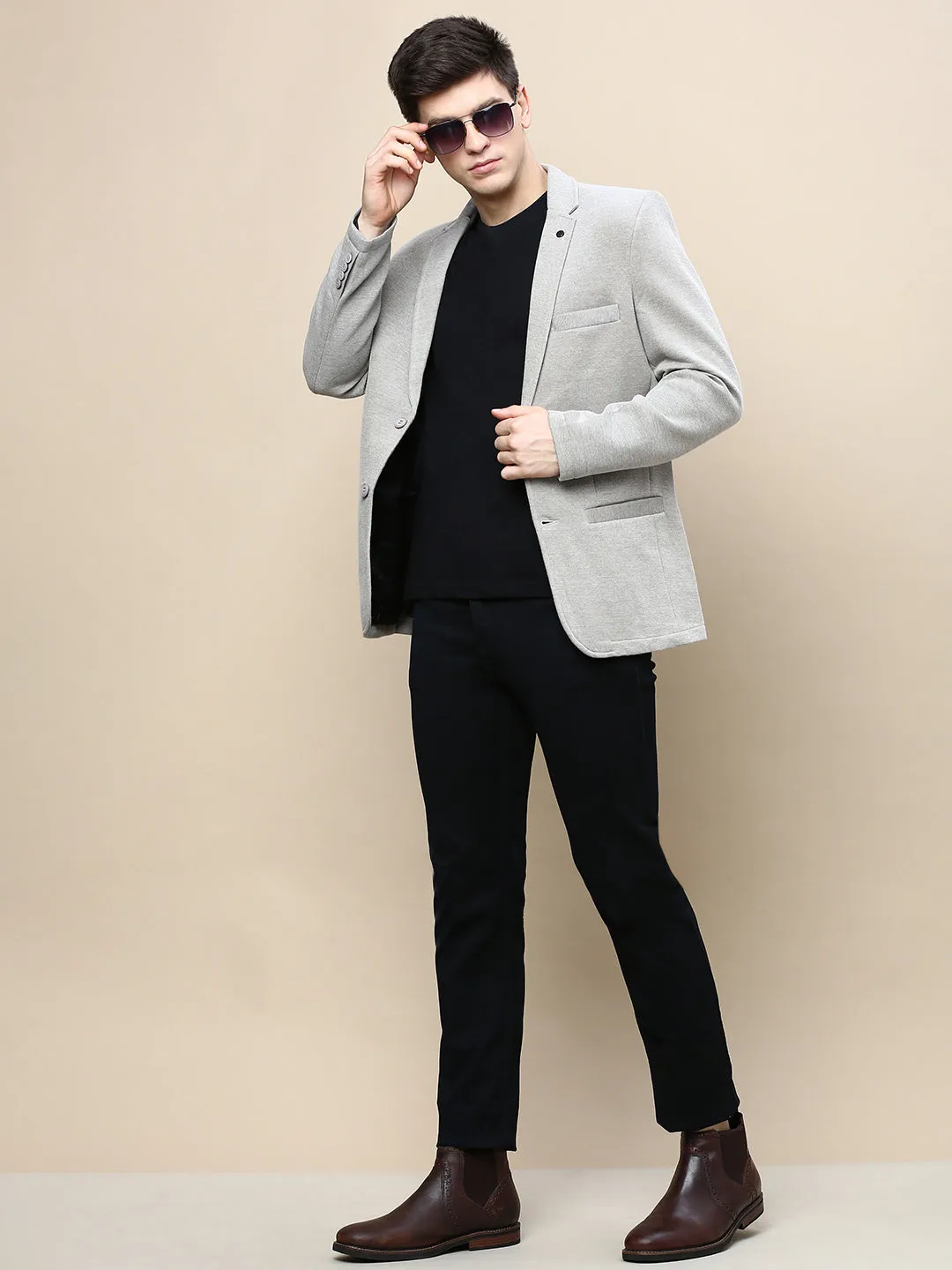 Men Beige Solid Casual Blazers