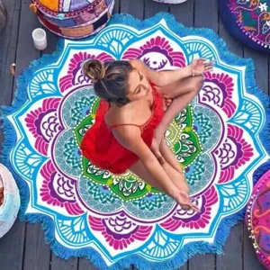 Microfiber Colorful Printed Tassel Lotus Summer Bath Towel Sand Beach Towel Shawl Scarf, Size: 150 x 150cm(Blue Magenta)