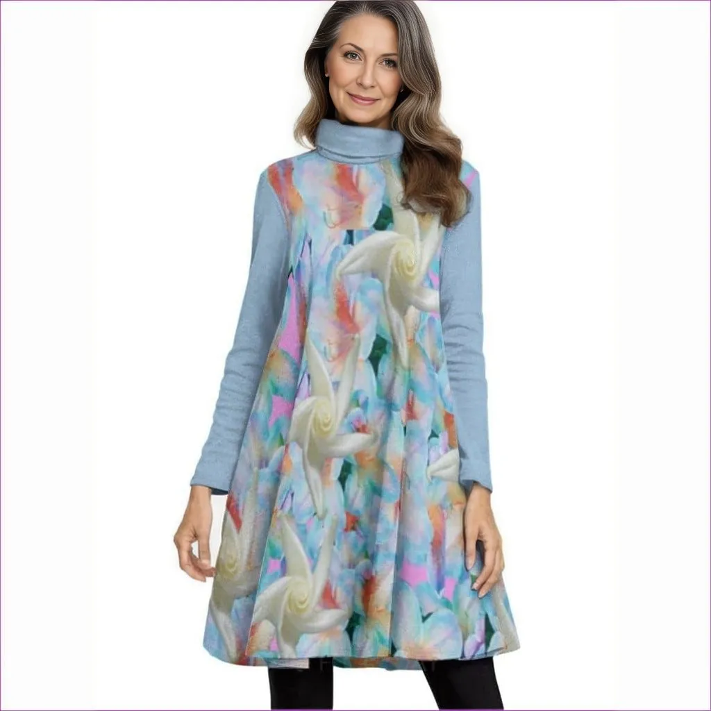 Midnight Floral Womens High Neck Dress With Long Sleeve