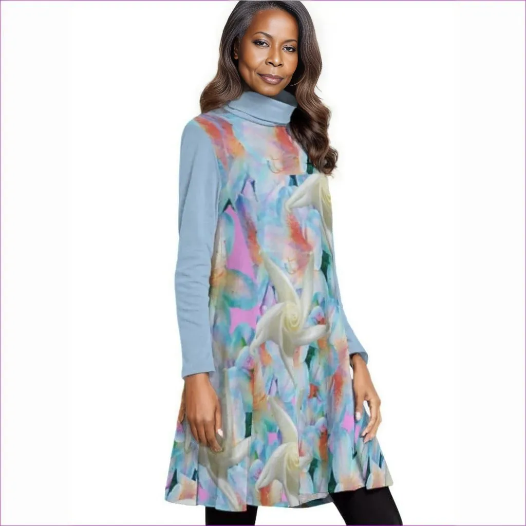 Midnight Floral Womens High Neck Dress With Long Sleeve