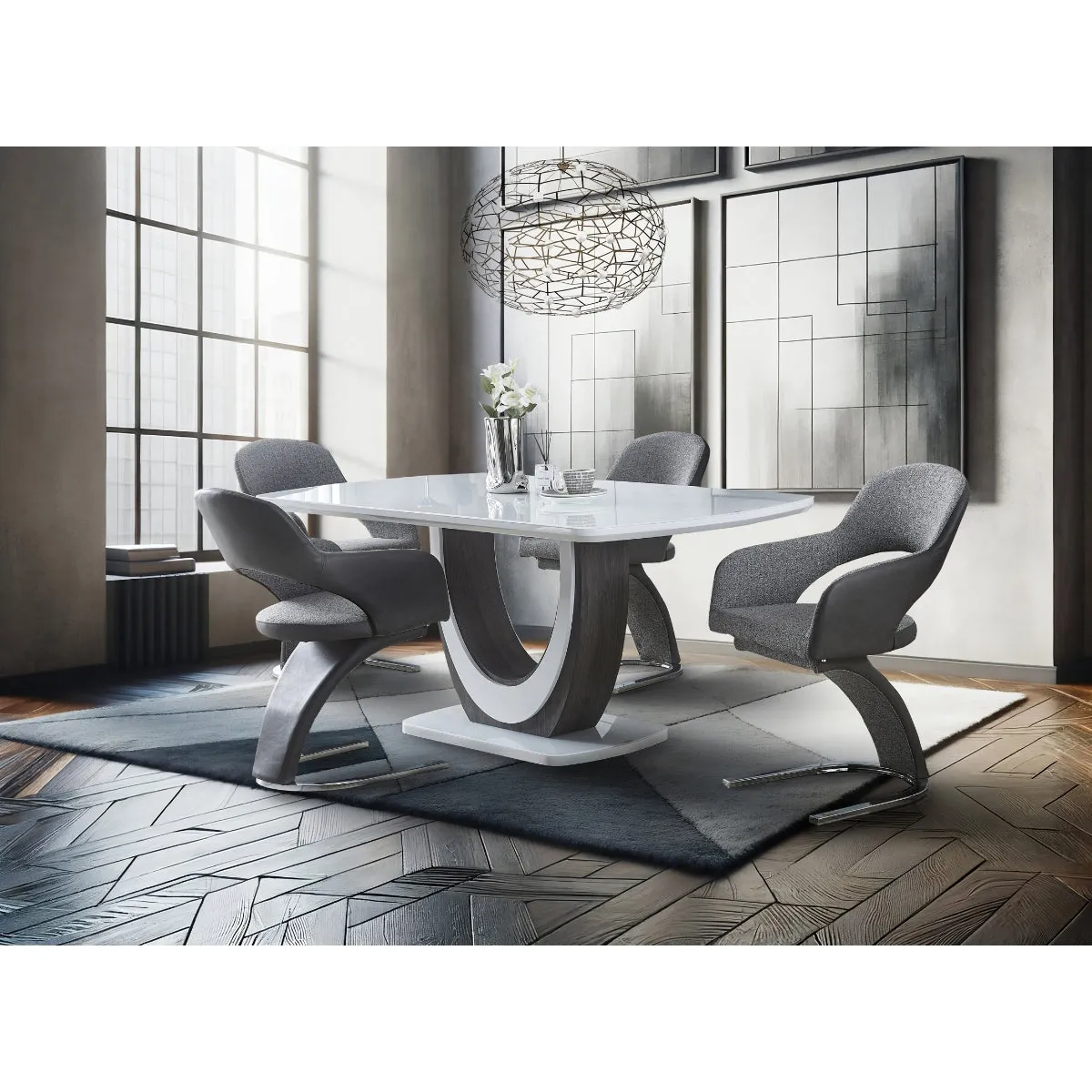 Modern White Glass Dining Table with U-Shaped Pedestal