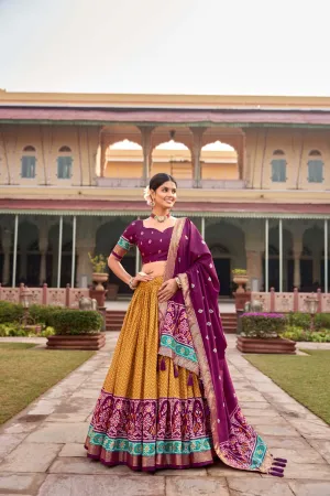 Mustard Captivating Tussar Silk Patola Printed Lehenga Choli Set