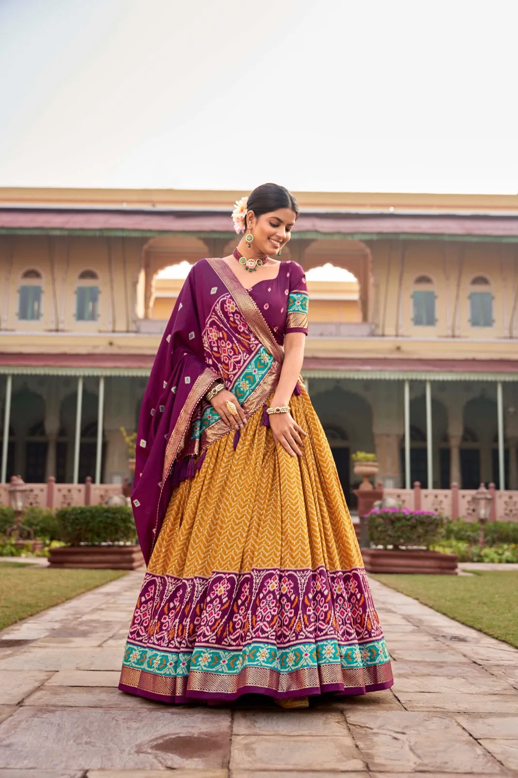 Mustard Captivating Tussar Silk Patola Printed Lehenga Choli Set