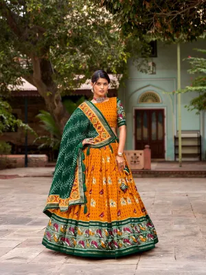 Mustard Tussar Silk Lehenga Choli with Enchanting Ikat Patola Print and Foil Work