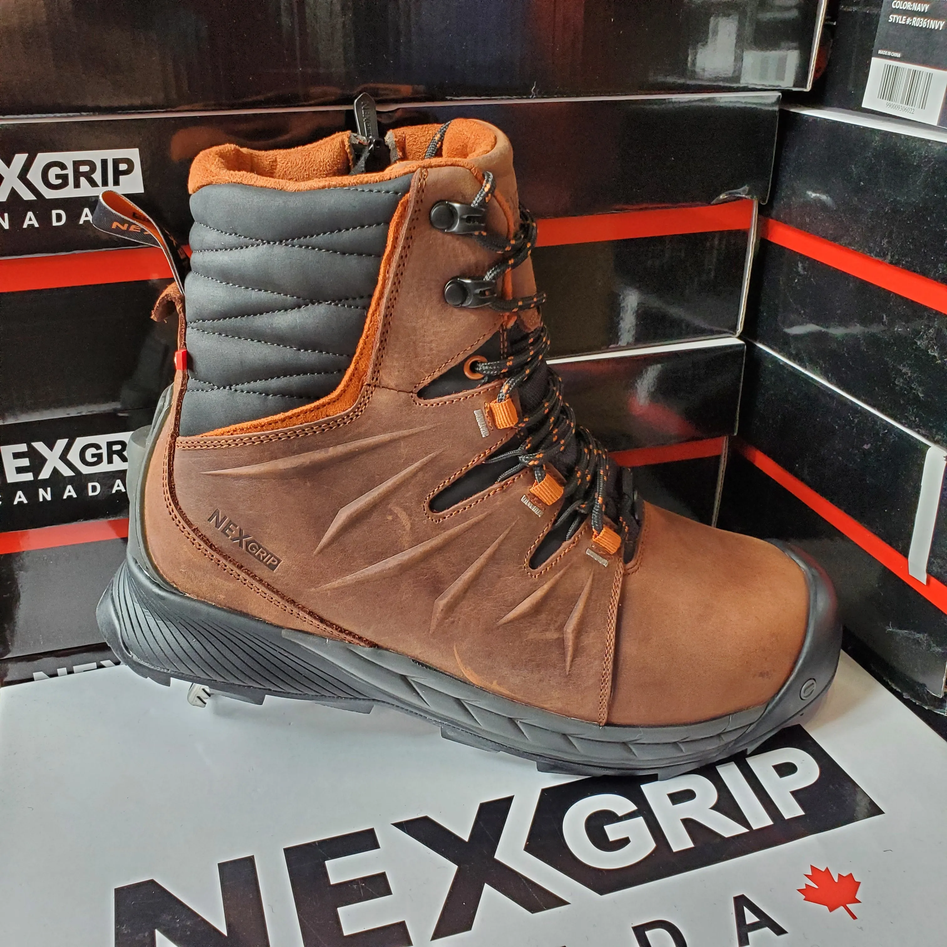 NexGrip Denali Brown Leather Waterproof Mens Snow Boot with Retractable Ice Cleats NEXX