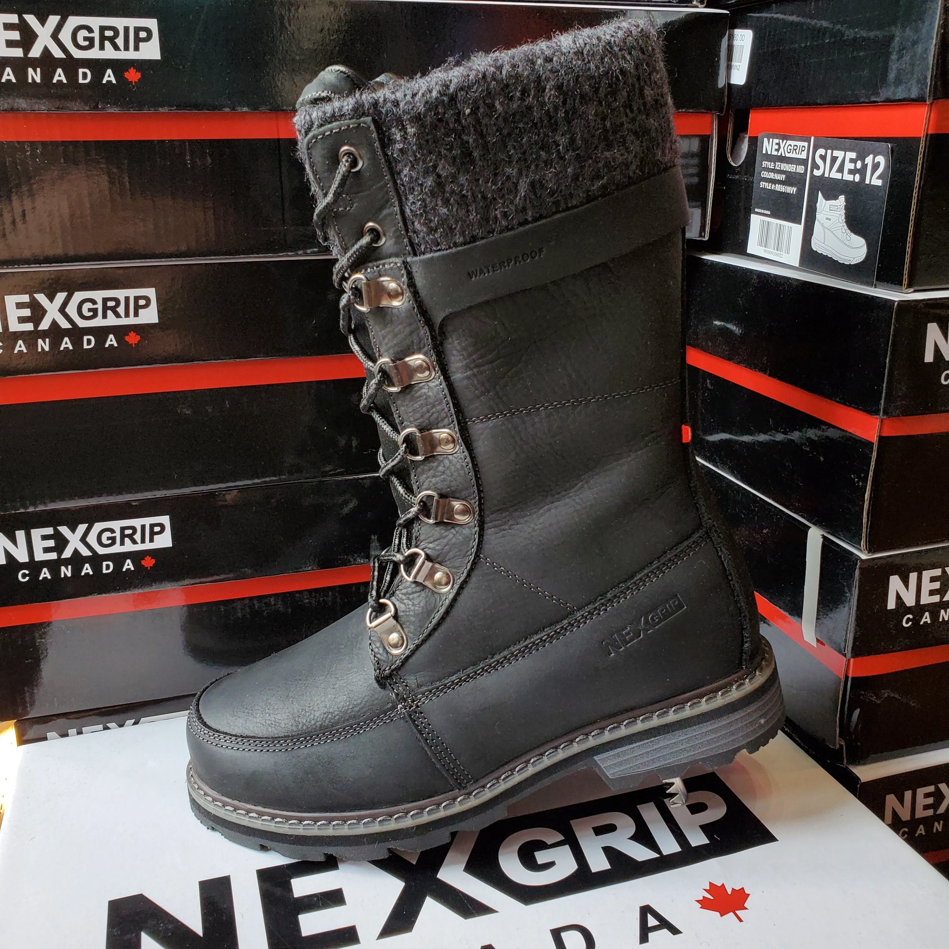 NexGrip Fall Black Women’s Tall Snow Boot Waterproof with Retractable Ice Claw Cleats NEXX