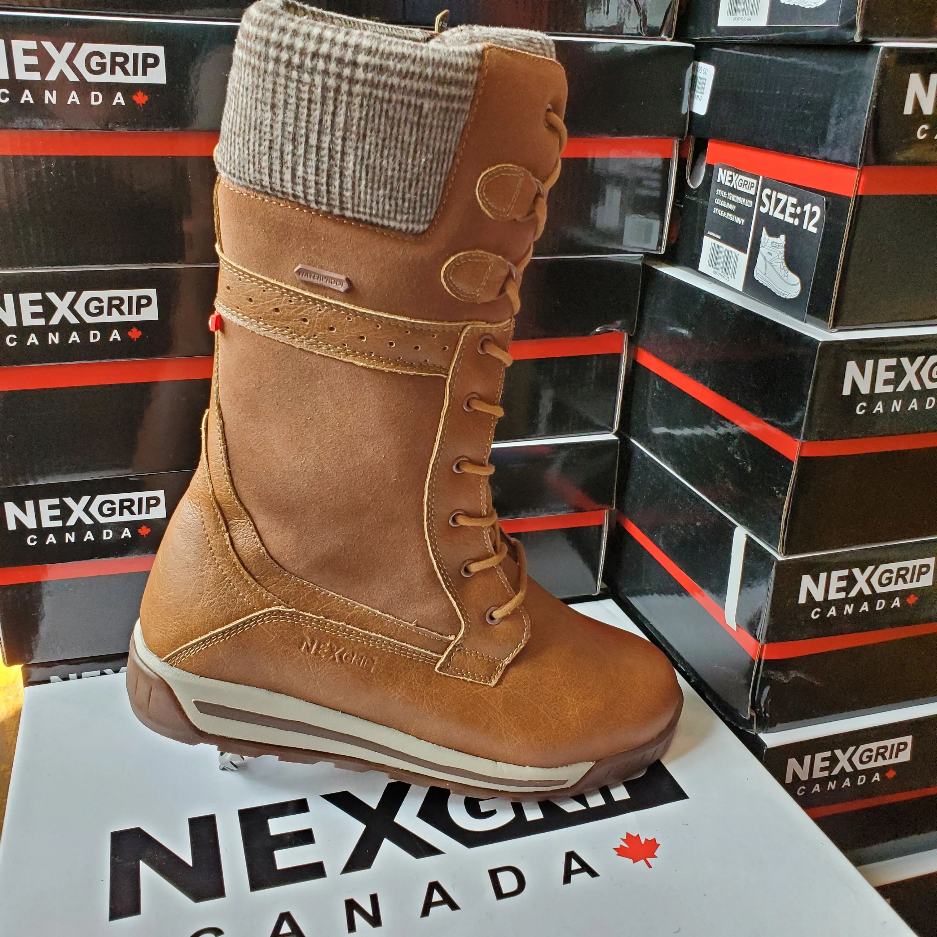 NexGrip Town Congnac Tan Women’s Snow Boot Waterproof with Retractable Ice Claw Cleats NEXX