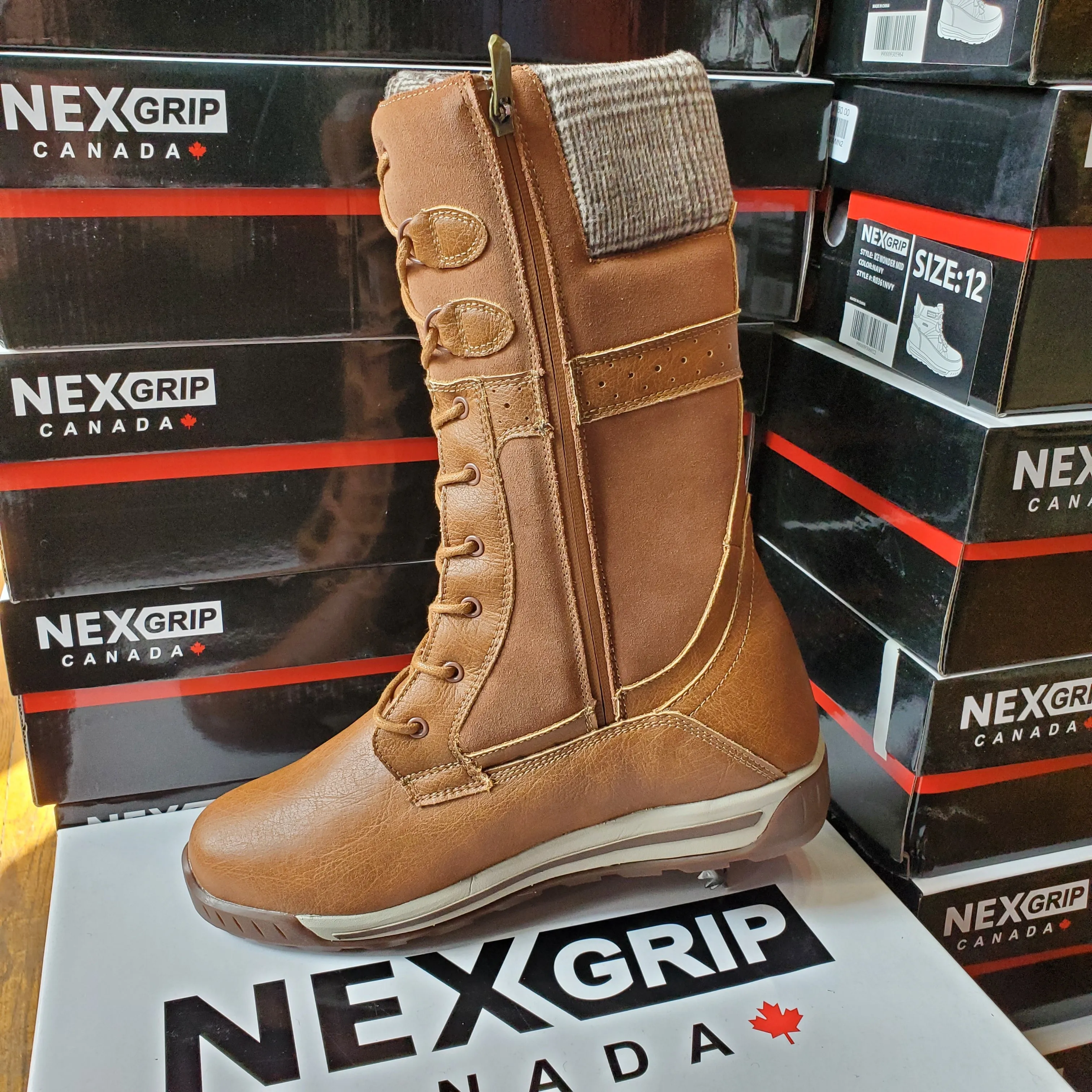 NexGrip Town Congnac Tan Women’s Snow Boot Waterproof with Retractable Ice Claw Cleats NEXX