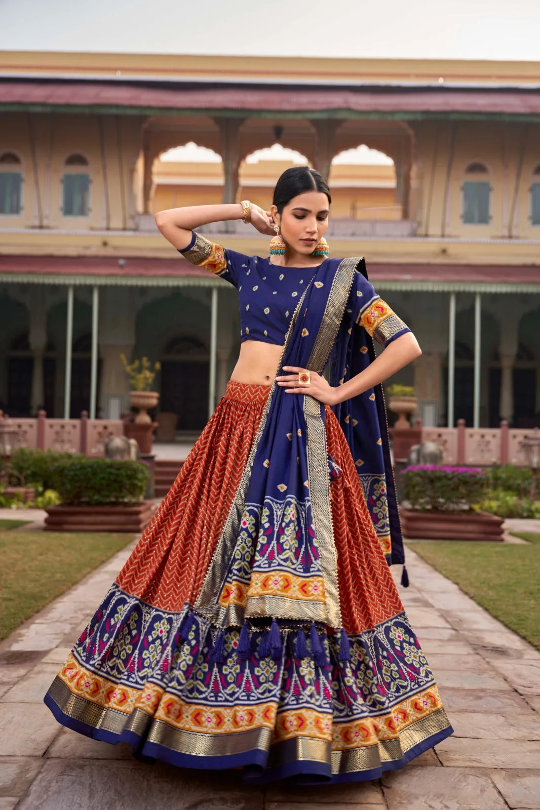 Orange Captivating Tussar Silk Patola Printed Lehenga Choli Set