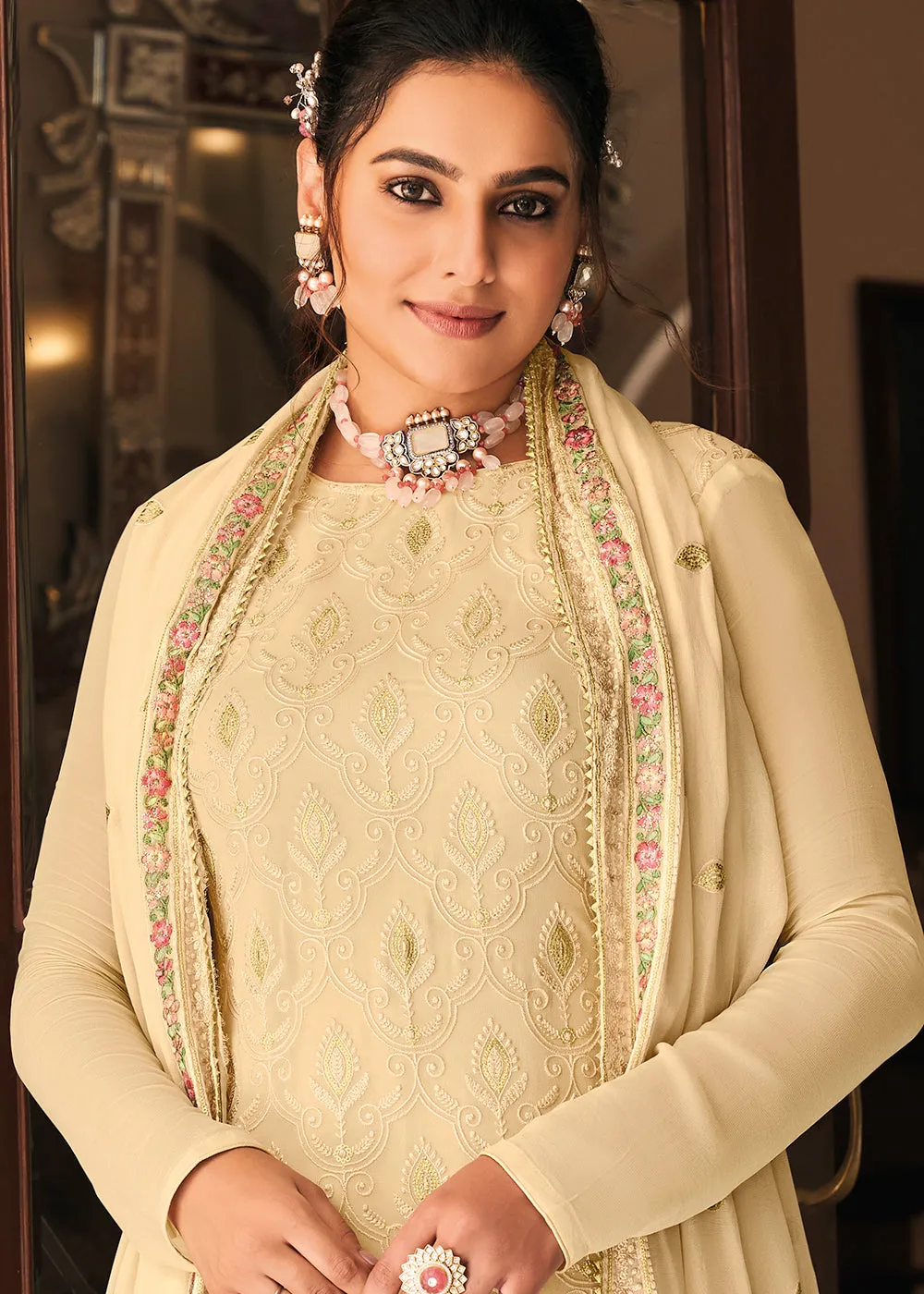 Pakistani Style Graceful Cream Function Wear Salwar Suit