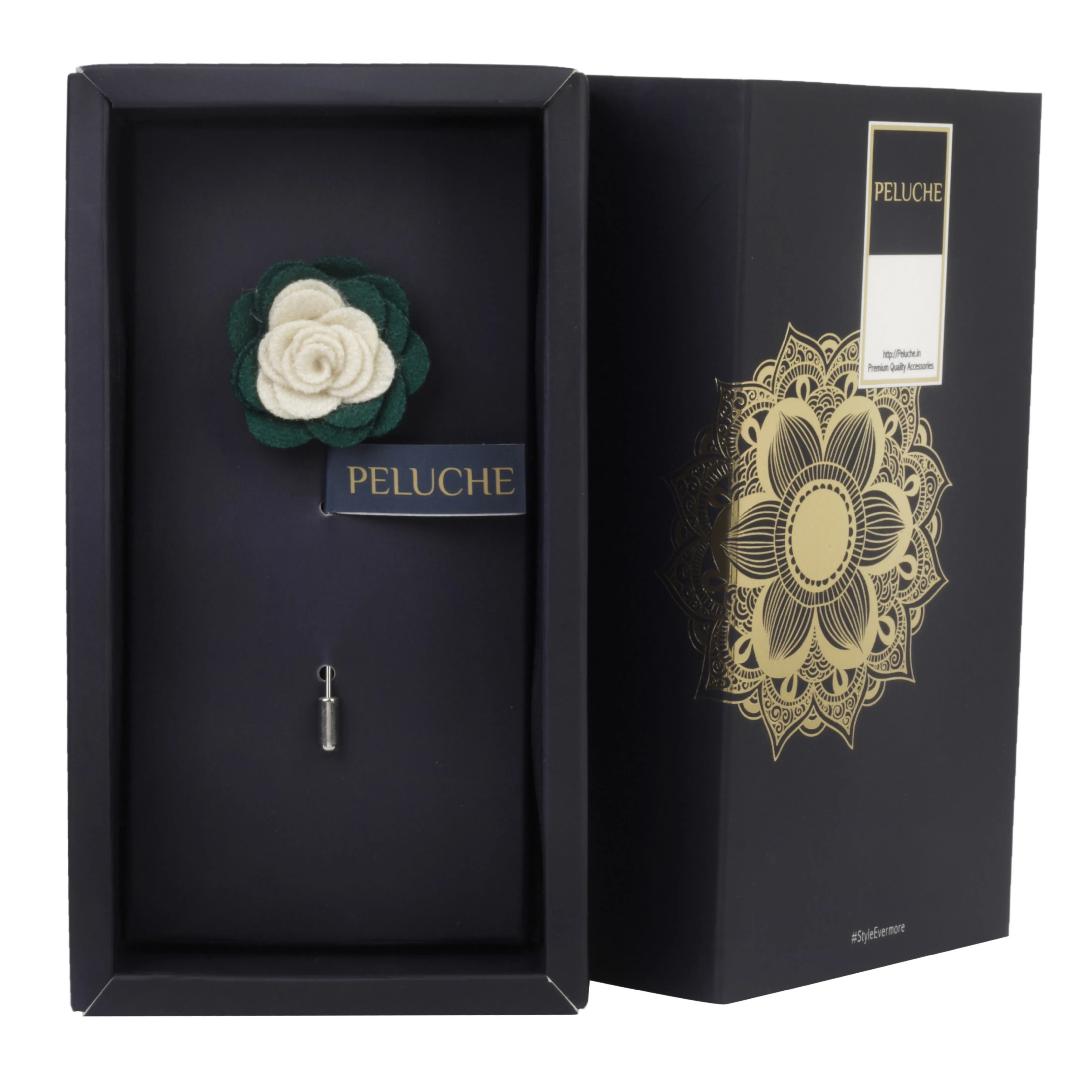 Peluche Graceful Bloom Cream and Dark Green Colored Brooch for Men