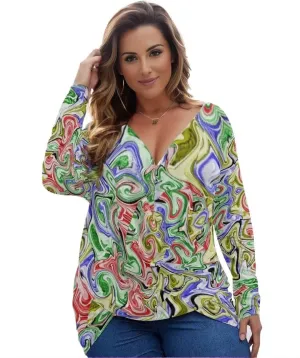 Picasso Womens V-neck Plus Draped Longline Top With Long Sleeve Voluptuous ( ) Plus Size