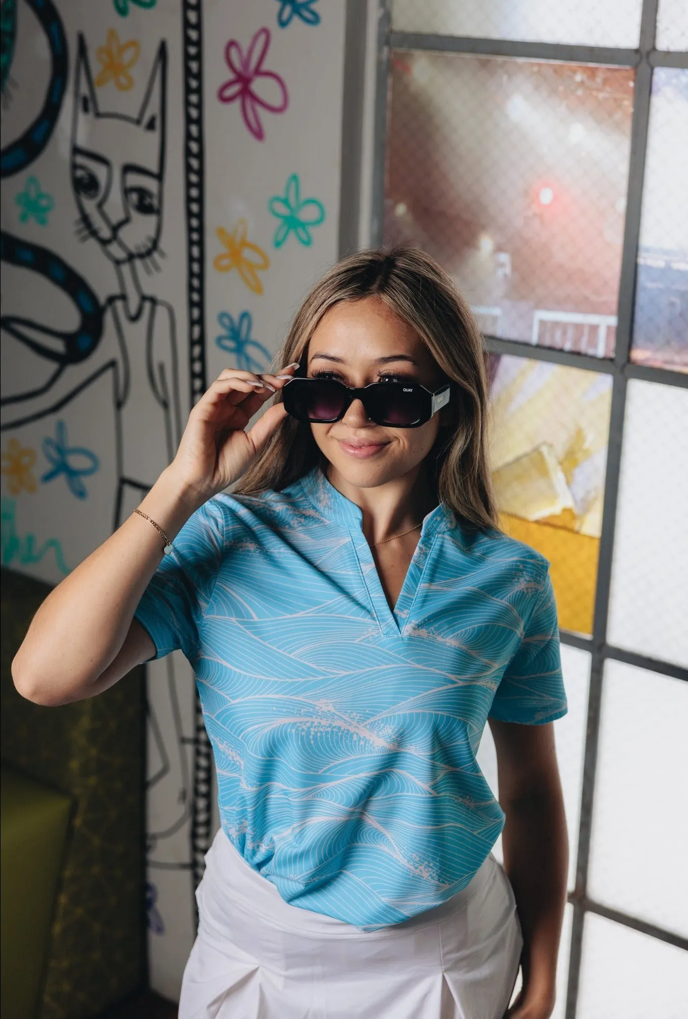 "Fluid" Aqua Foam - OGA Women's Polo - Aquamarine / Sea Foam White