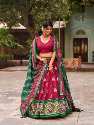 Red Tussar Silk Lehenga Choli with Enchanting Ikat Patola Print and Foil Work