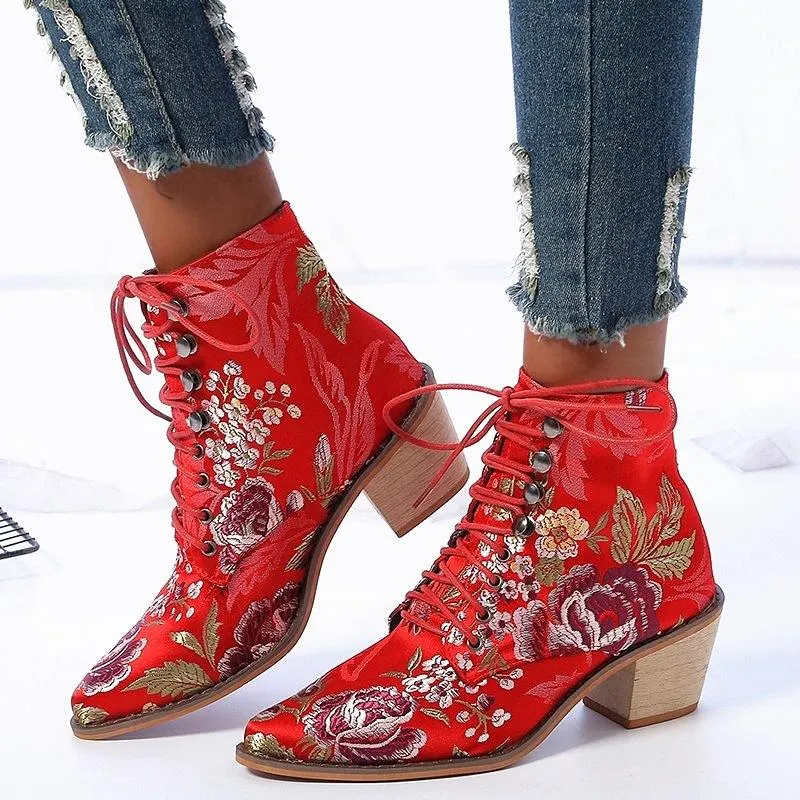 Retro fashion floral embroidered boots pointed toe lace-up ankle boots