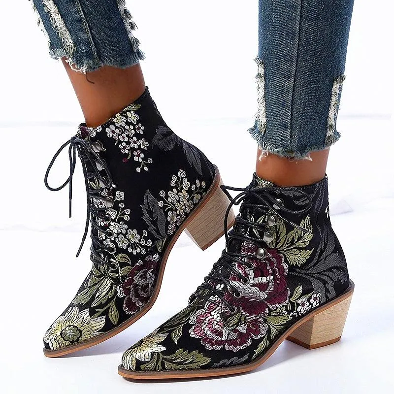 Retro fashion floral embroidered boots pointed toe lace-up ankle boots