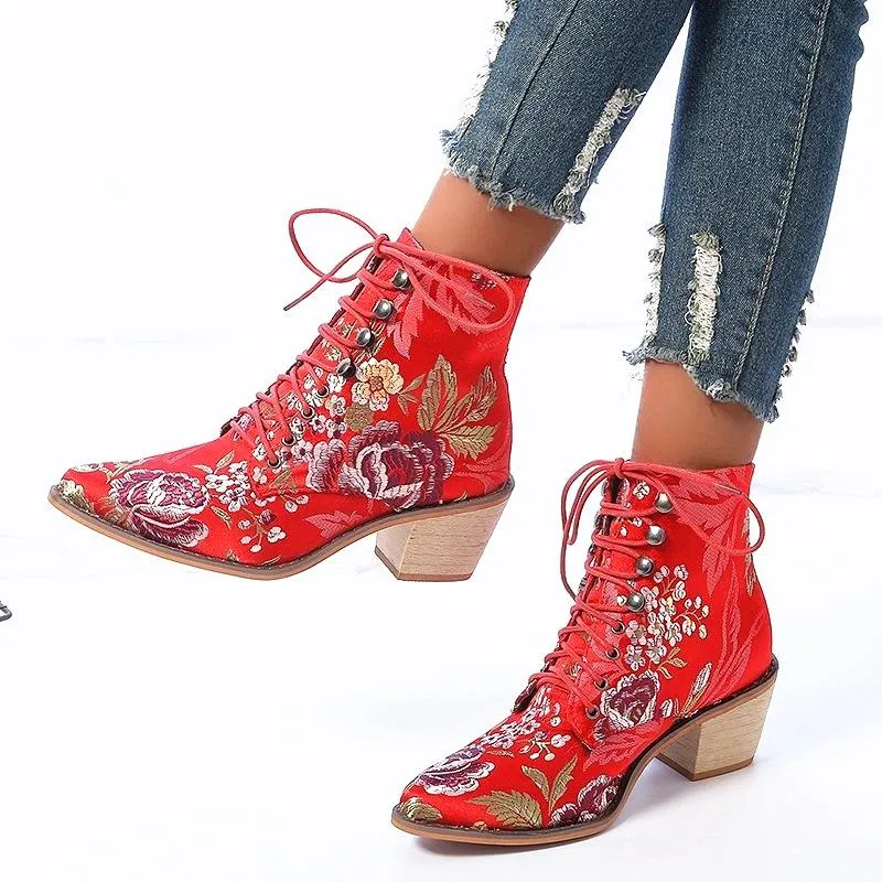 Retro fashion floral embroidered boots pointed toe lace-up ankle boots