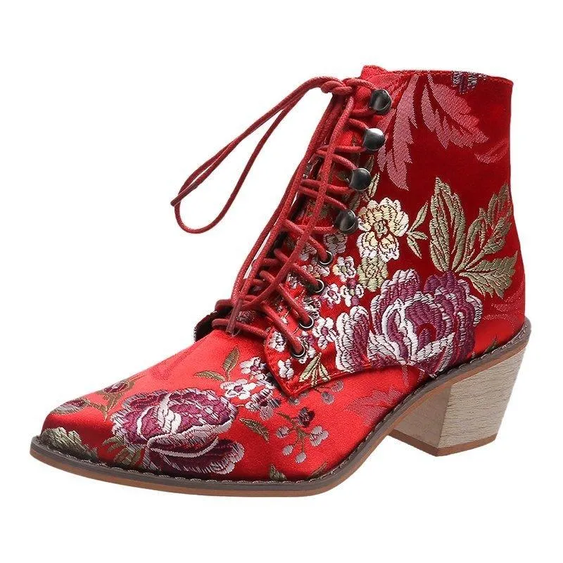 Retro fashion floral embroidered boots pointed toe lace-up ankle boots