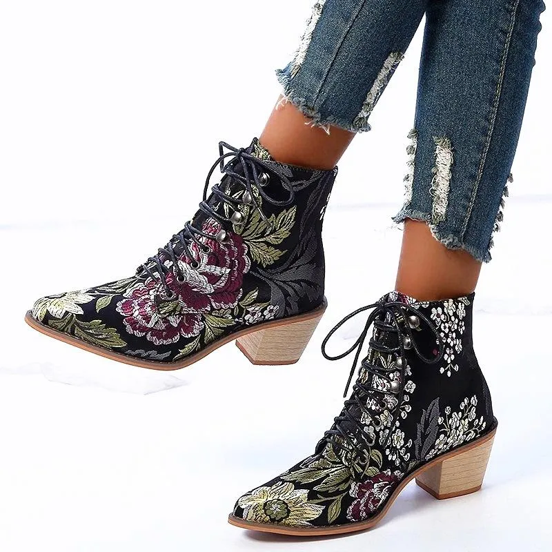 Retro fashion floral embroidered boots pointed toe lace-up ankle boots