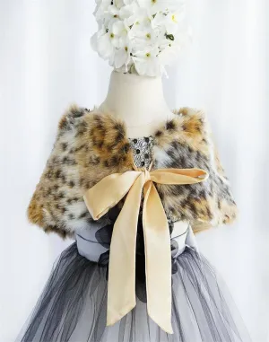 RIBBON BOW SHOULDER WRAP SOFT FAUX FUR SHAWL - Black / Gold