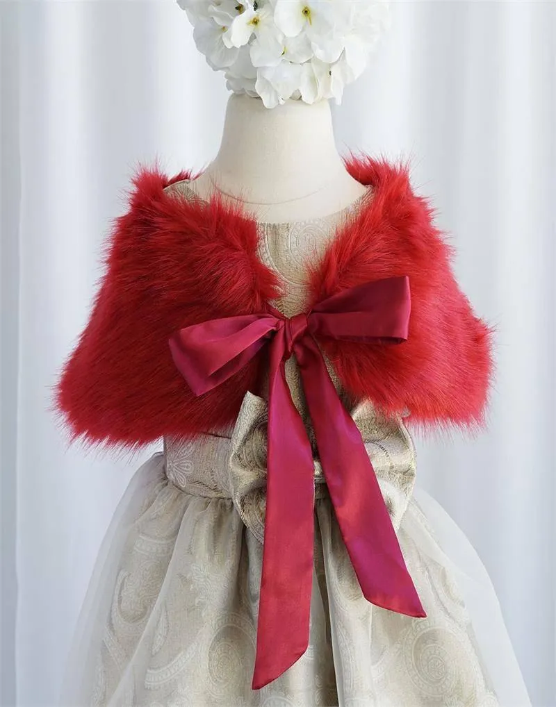 RIBBON BOW SHOULDER WRAP SOFT FAUX FUR SHAWL - Burgundy