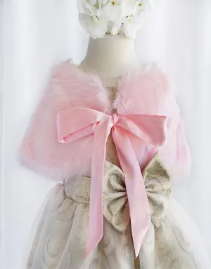 RIBBON BOW SHOULDER WRAP SOFT FAUX FUR SHAWL - Pink