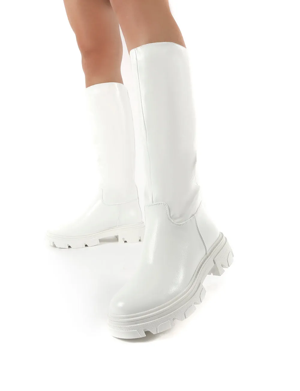 Sabrina White Knee High Chunky Sole Boots