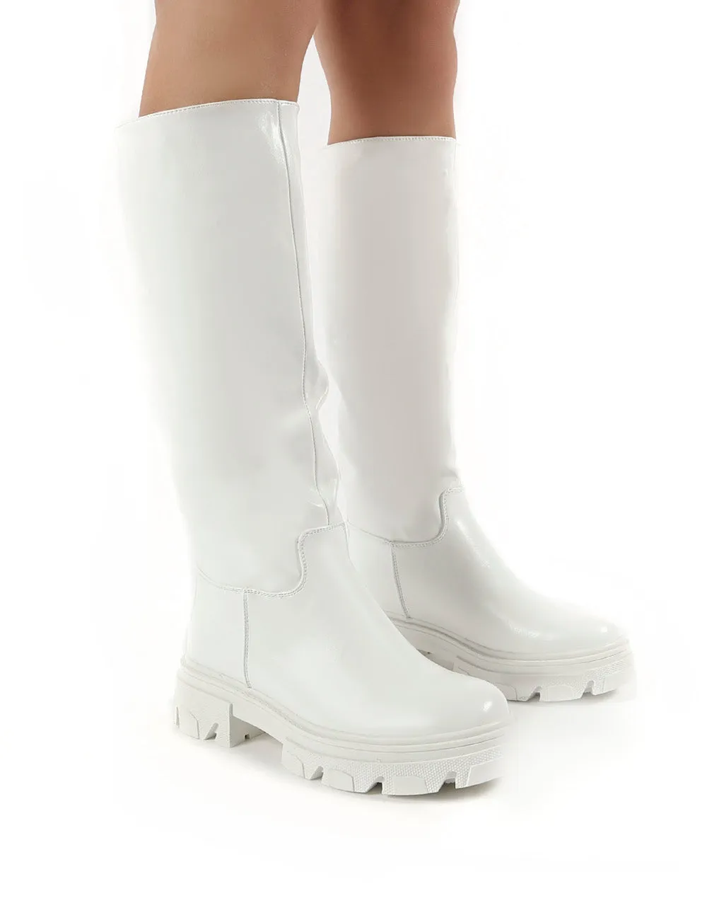 Sabrina White Knee High Chunky Sole Boots