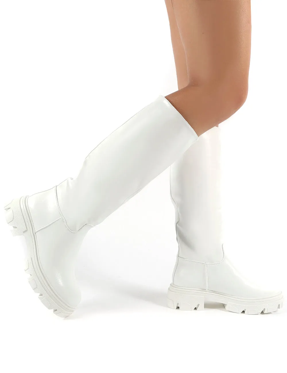 Sabrina White Knee High Chunky Sole Boots