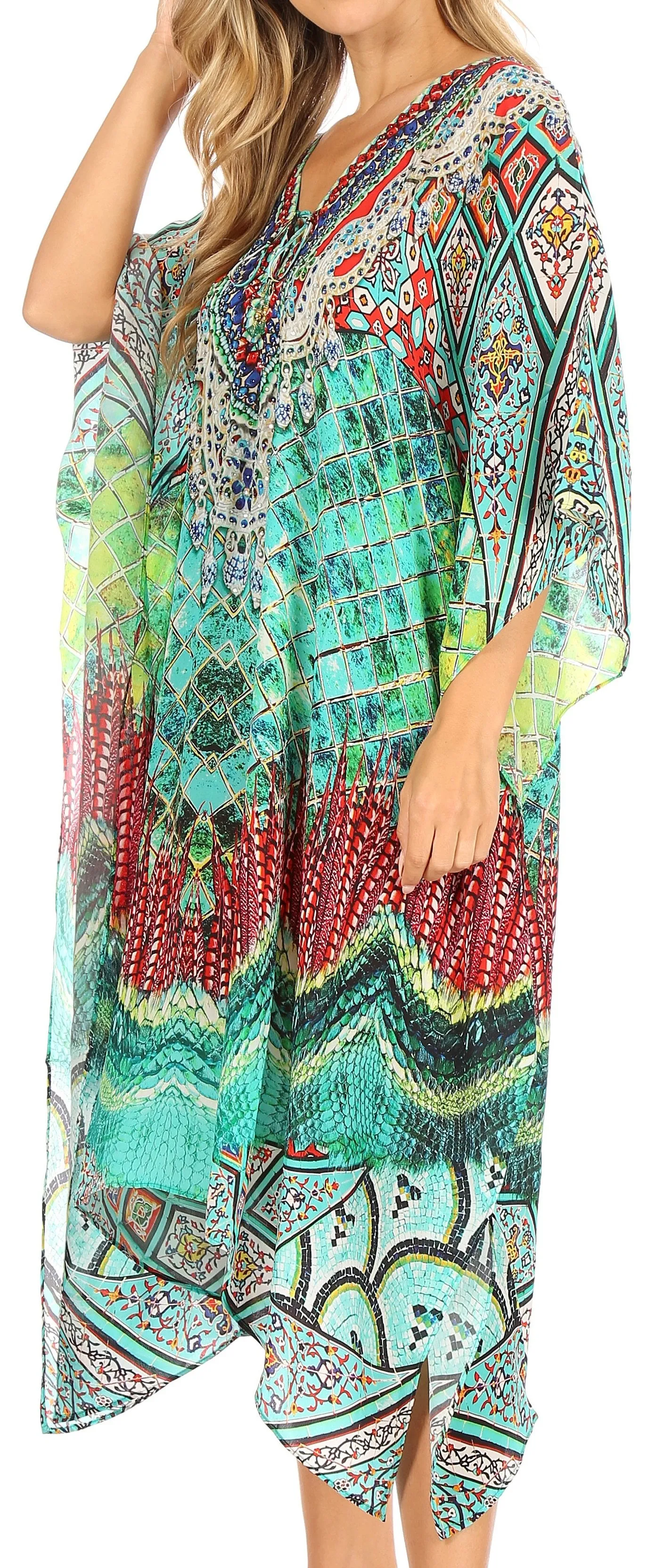 Sakkas Kristy Long Tall Lightweight Caftan Dress / Cover Up With V-Neck Jewels