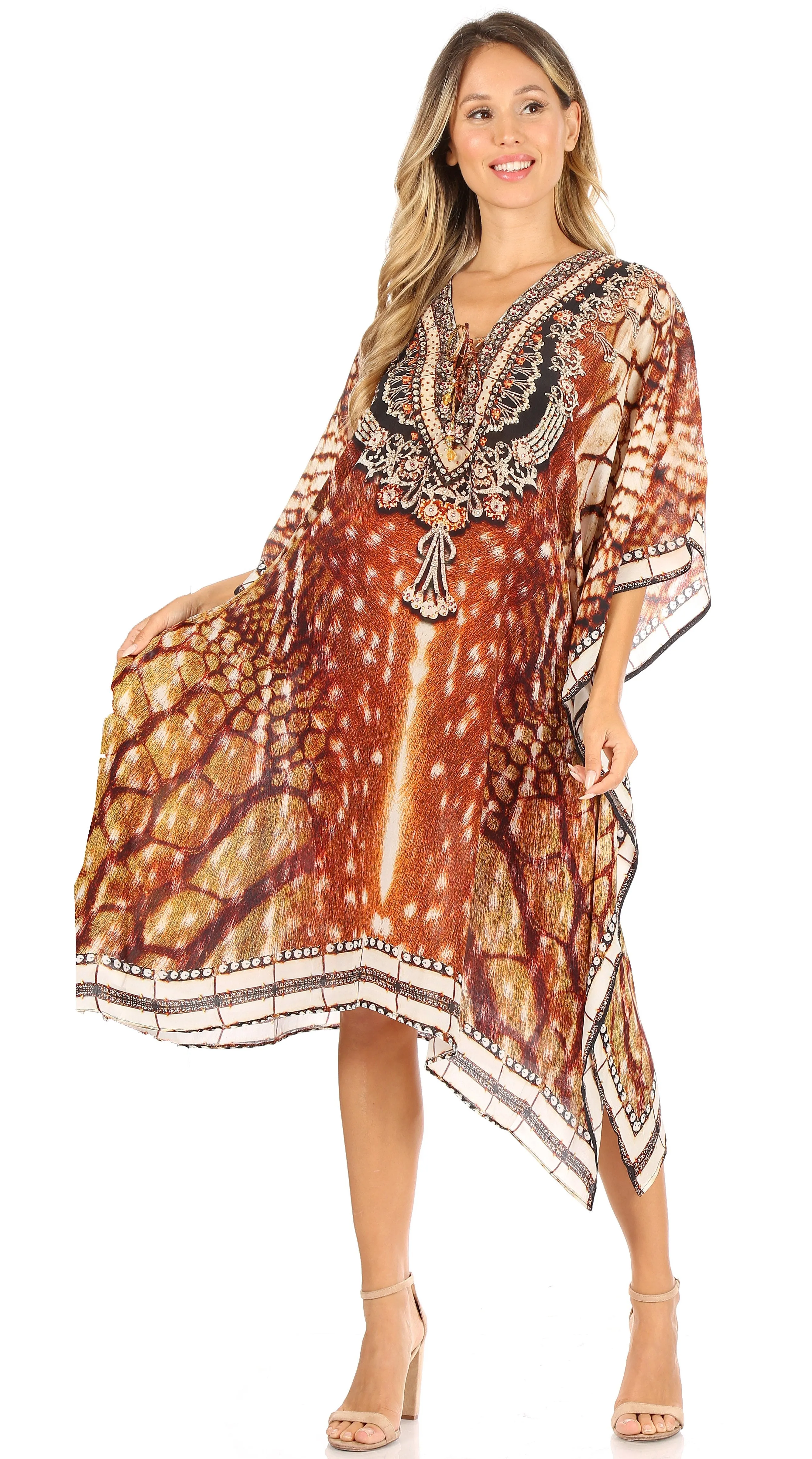 Sakkas Kristy Long Tall Lightweight Caftan Dress / Cover Up With V-Neck Jewels