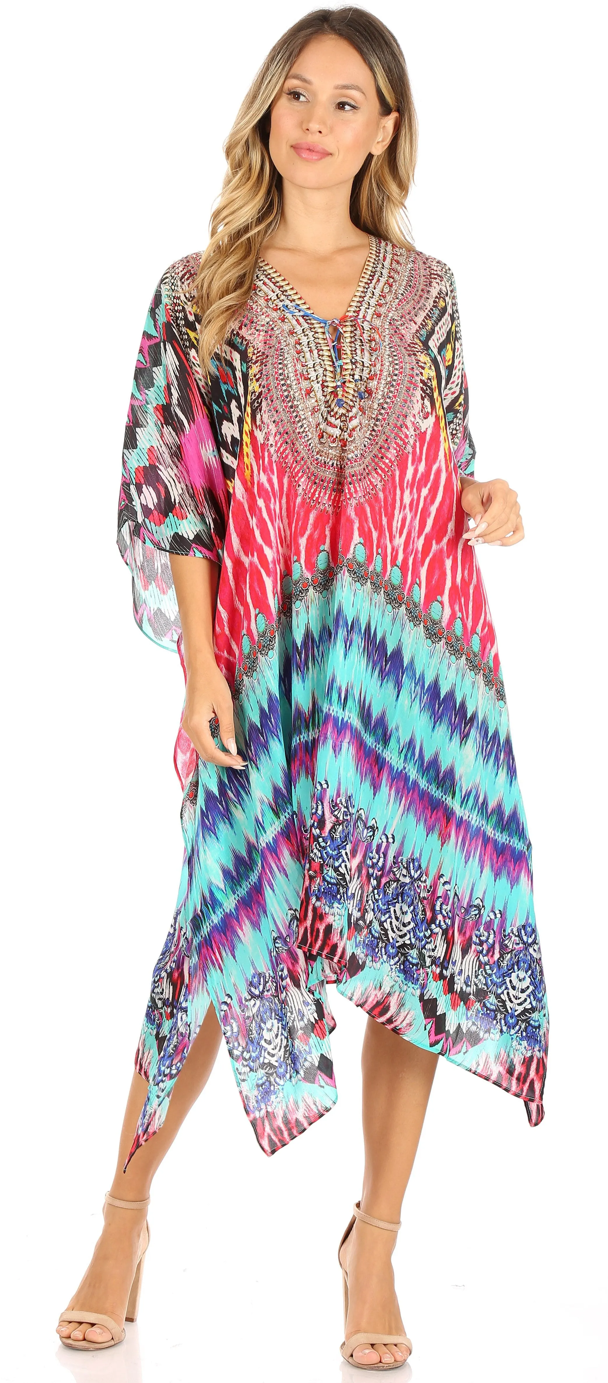 Sakkas Kristy Long Tall Lightweight Caftan Dress / Cover Up With V-Neck Jewels