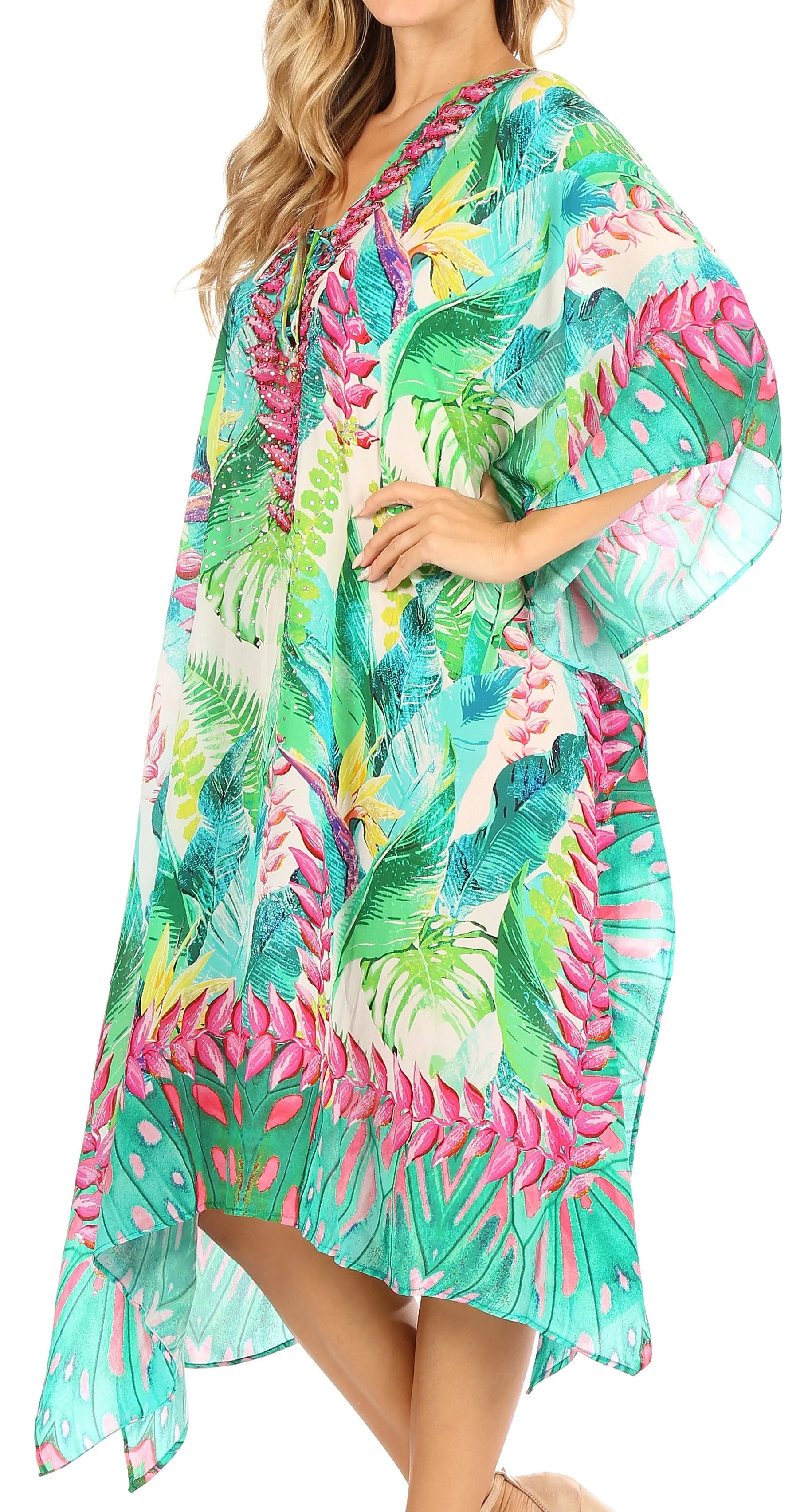 Sakkas Kristy Long Tall Lightweight Caftan Dress / Cover Up With V-Neck Jewels