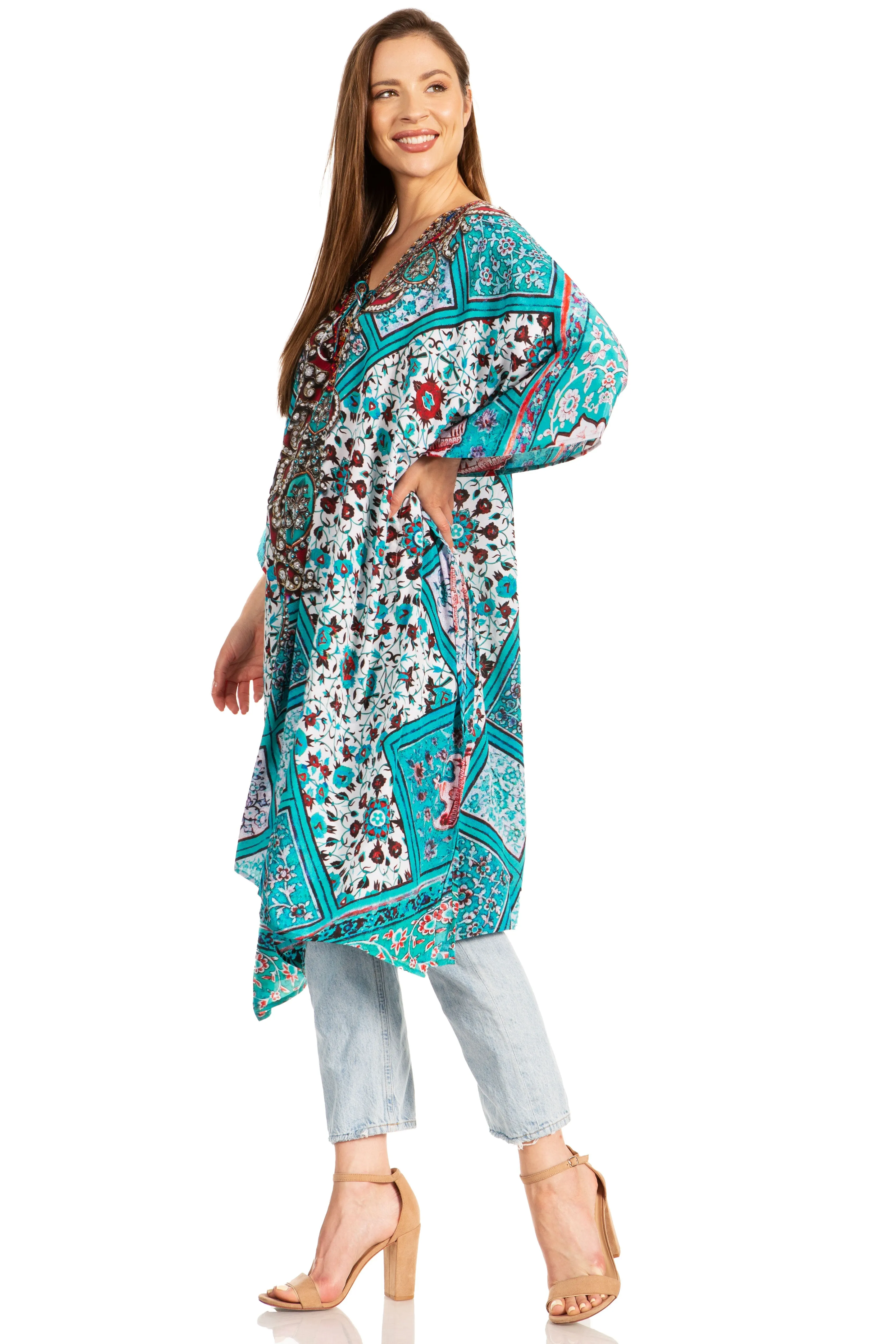 Sakkas Kristy Long Tall Lightweight Caftan Dress / Cover Up With V-Neck Jewels