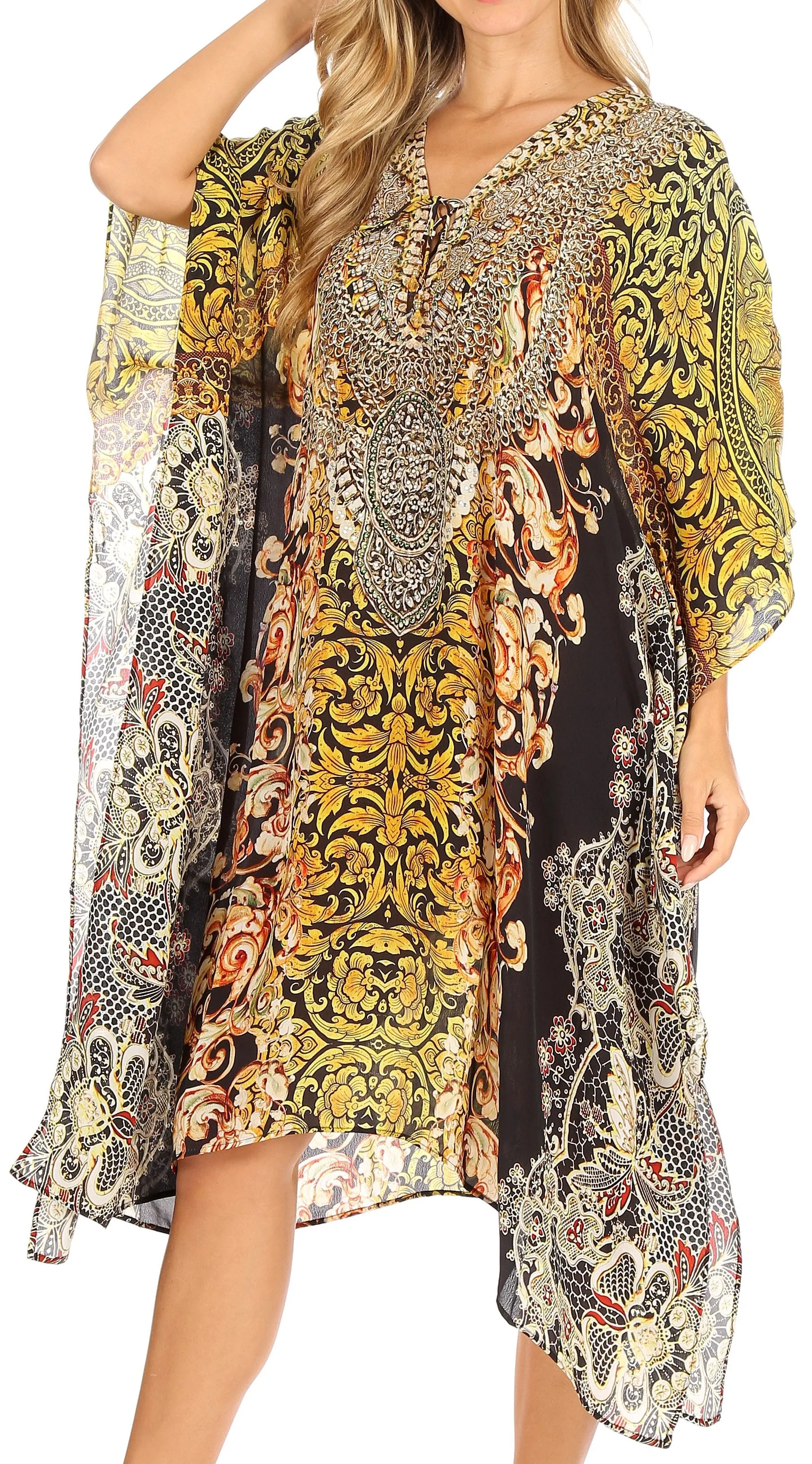 Sakkas Kristy Long Tall Lightweight Caftan Dress / Cover Up With V-Neck Jewels