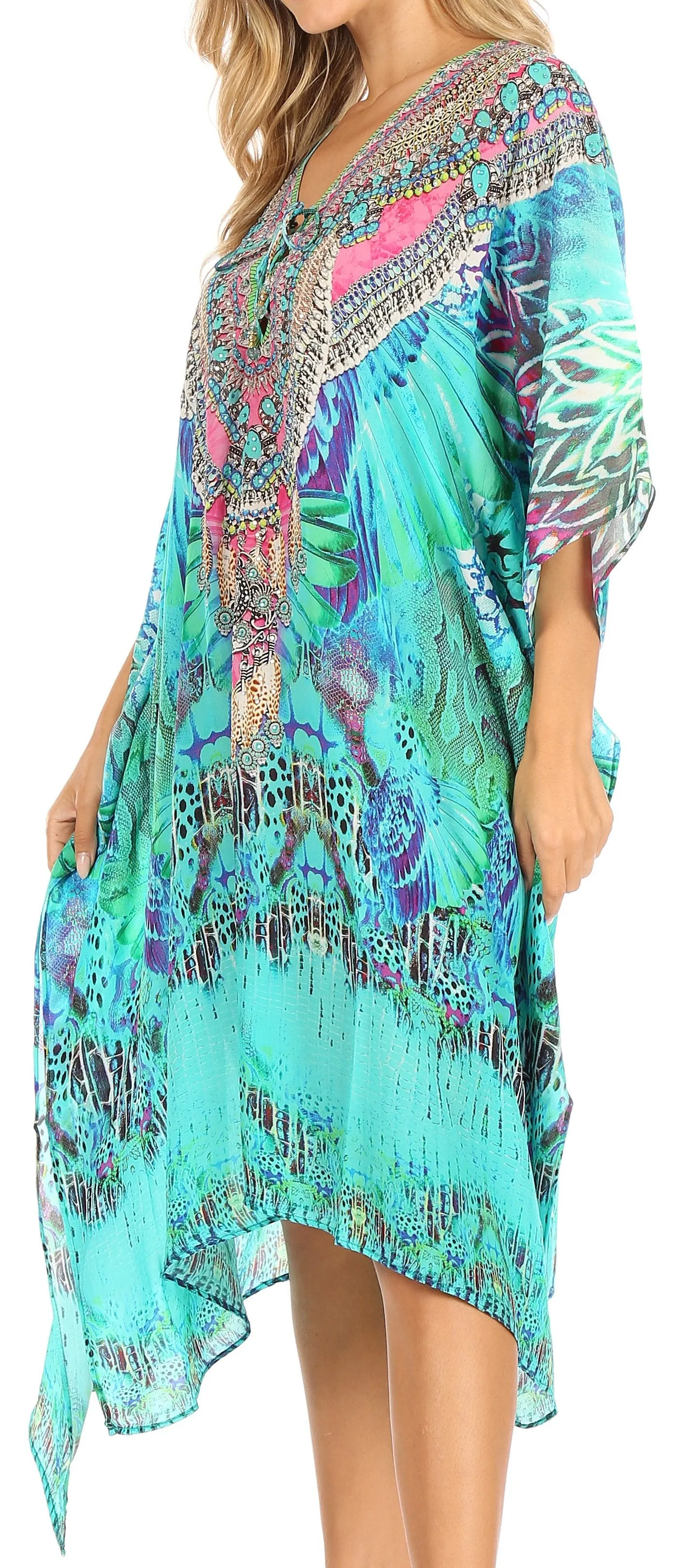 Sakkas Kristy Long Tall Lightweight Caftan Dress / Cover Up With V-Neck Jewels