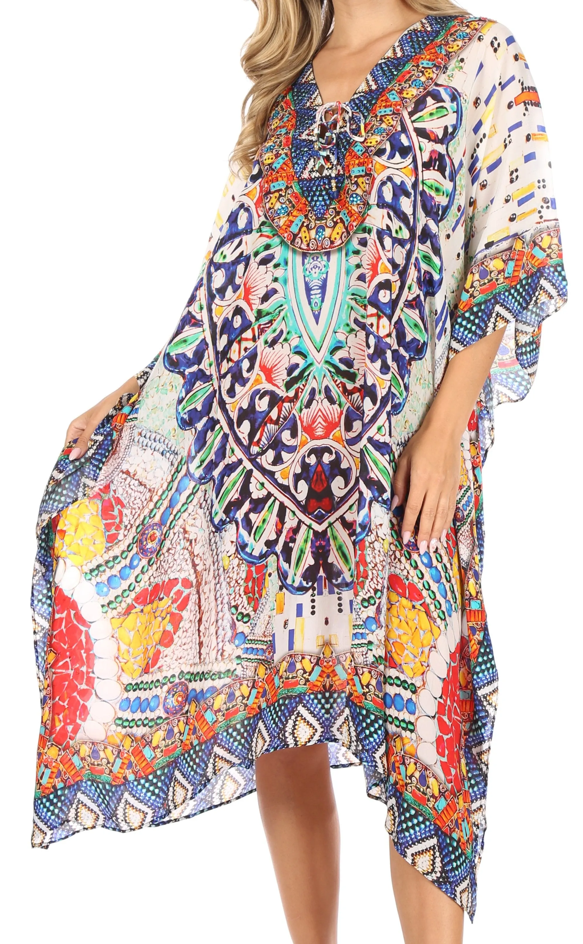 Sakkas Kristy Long Tall Lightweight Caftan Dress / Cover Up With V-Neck Jewels