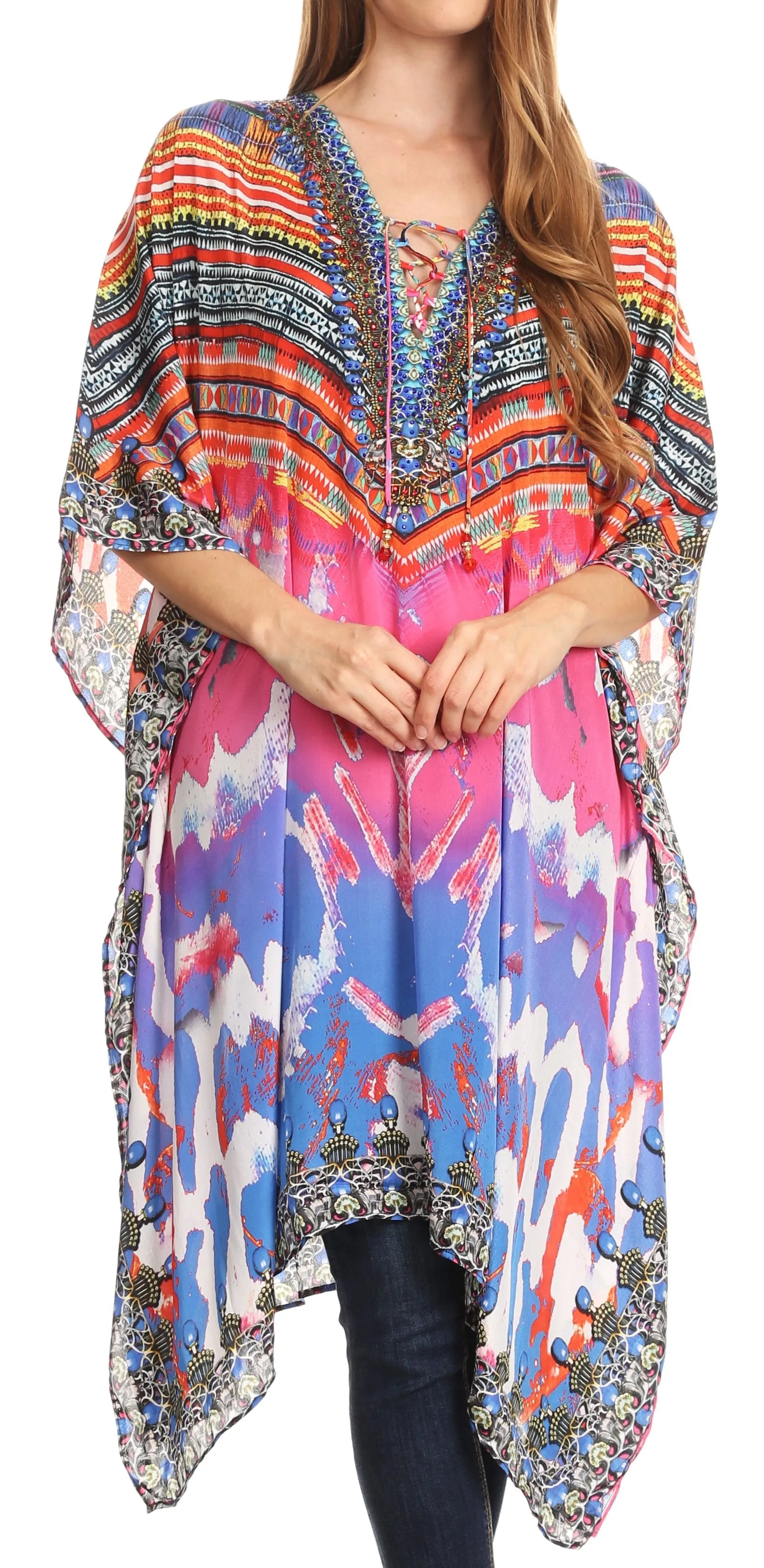 Sakkas Kristy Long Tall Lightweight Caftan Dress / Cover Up With V-Neck Jewels