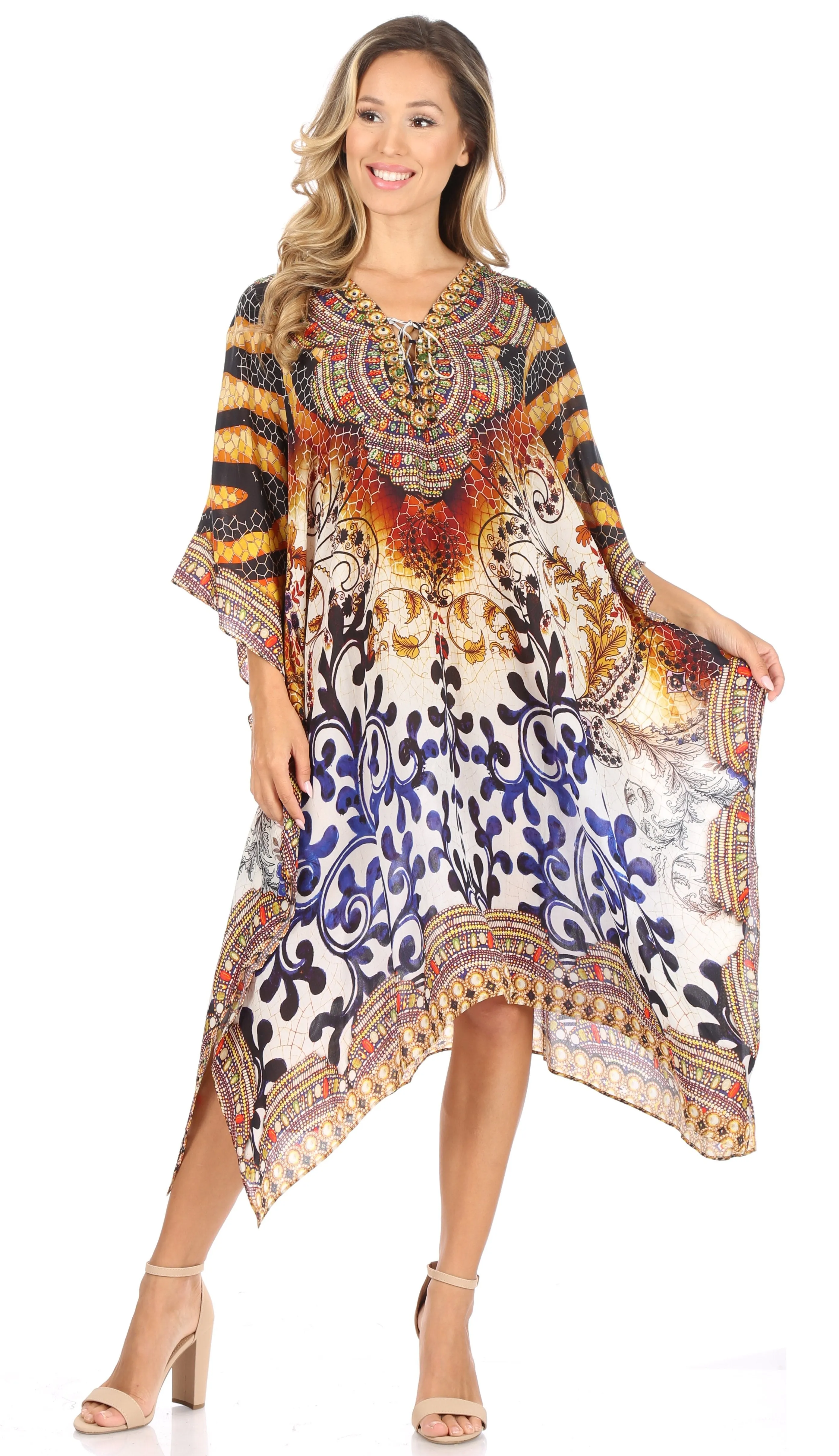 Sakkas Kristy Long Tall Lightweight Caftan Dress / Cover Up With V-Neck Jewels