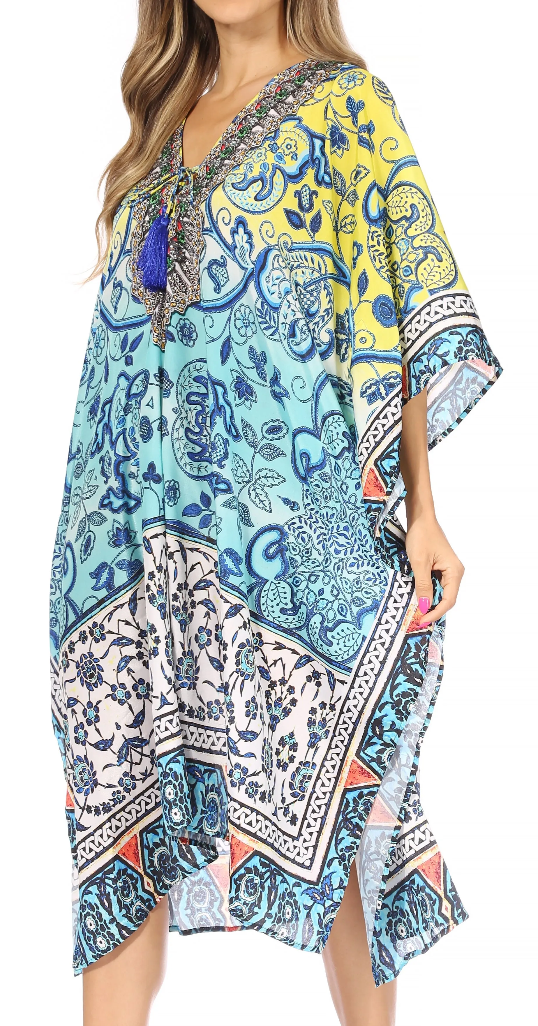 Sakkas Kristy Long Tall Lightweight Caftan Dress / Cover Up With V-Neck Jewels