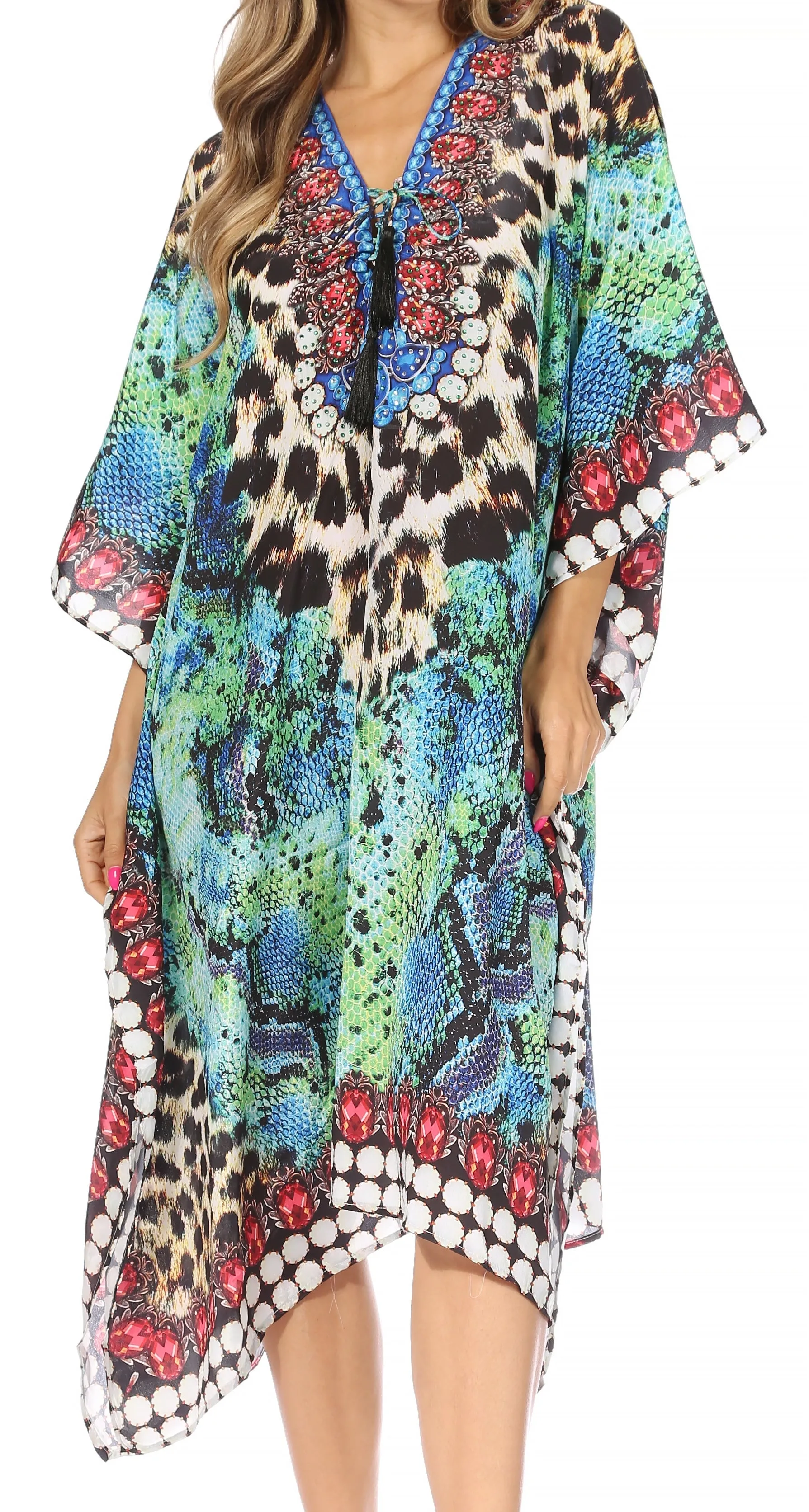 Sakkas Kristy Long Tall Lightweight Caftan Dress / Cover Up With V-Neck Jewels