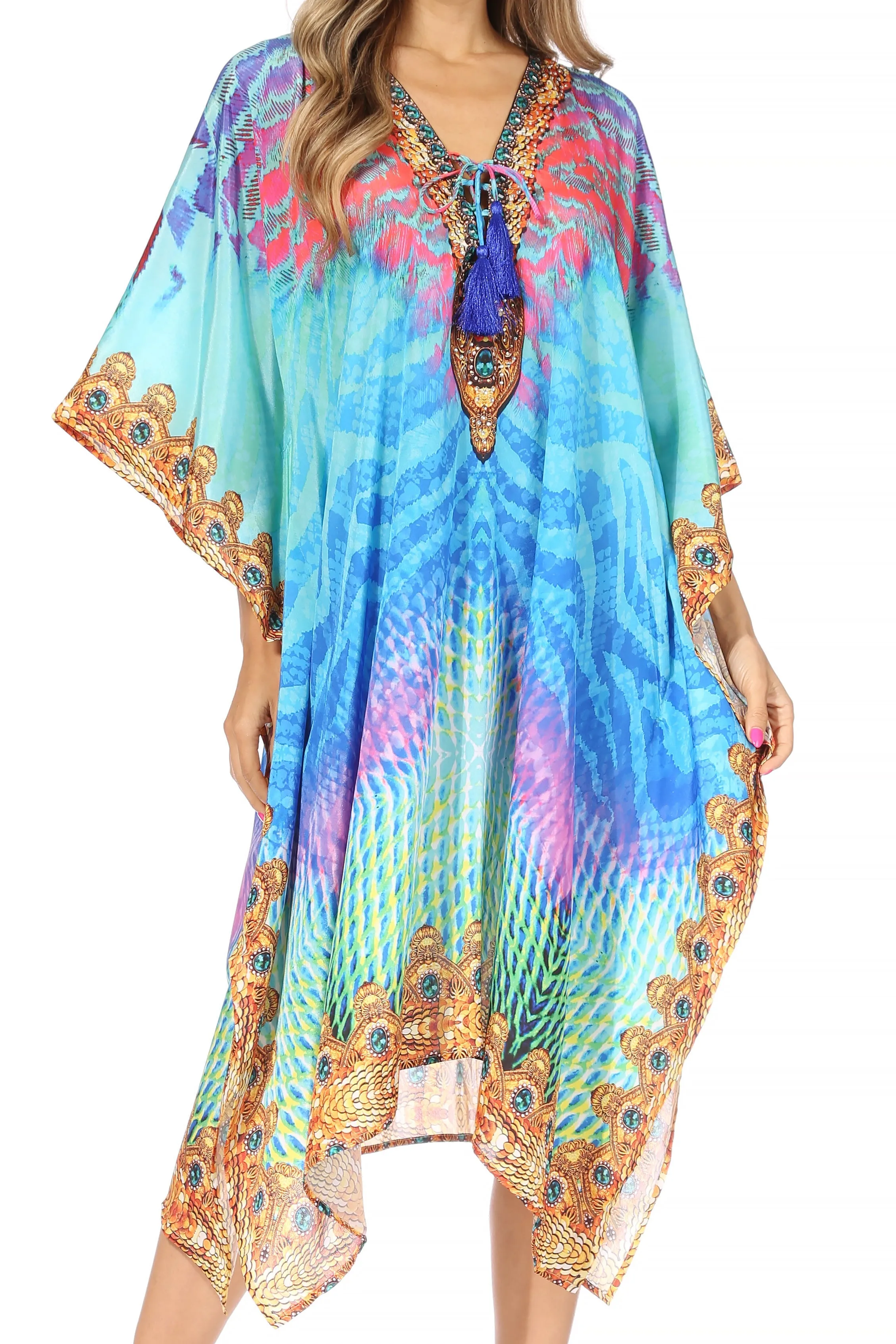 Sakkas Kristy Long Tall Lightweight Caftan Dress / Cover Up With V-Neck Jewels