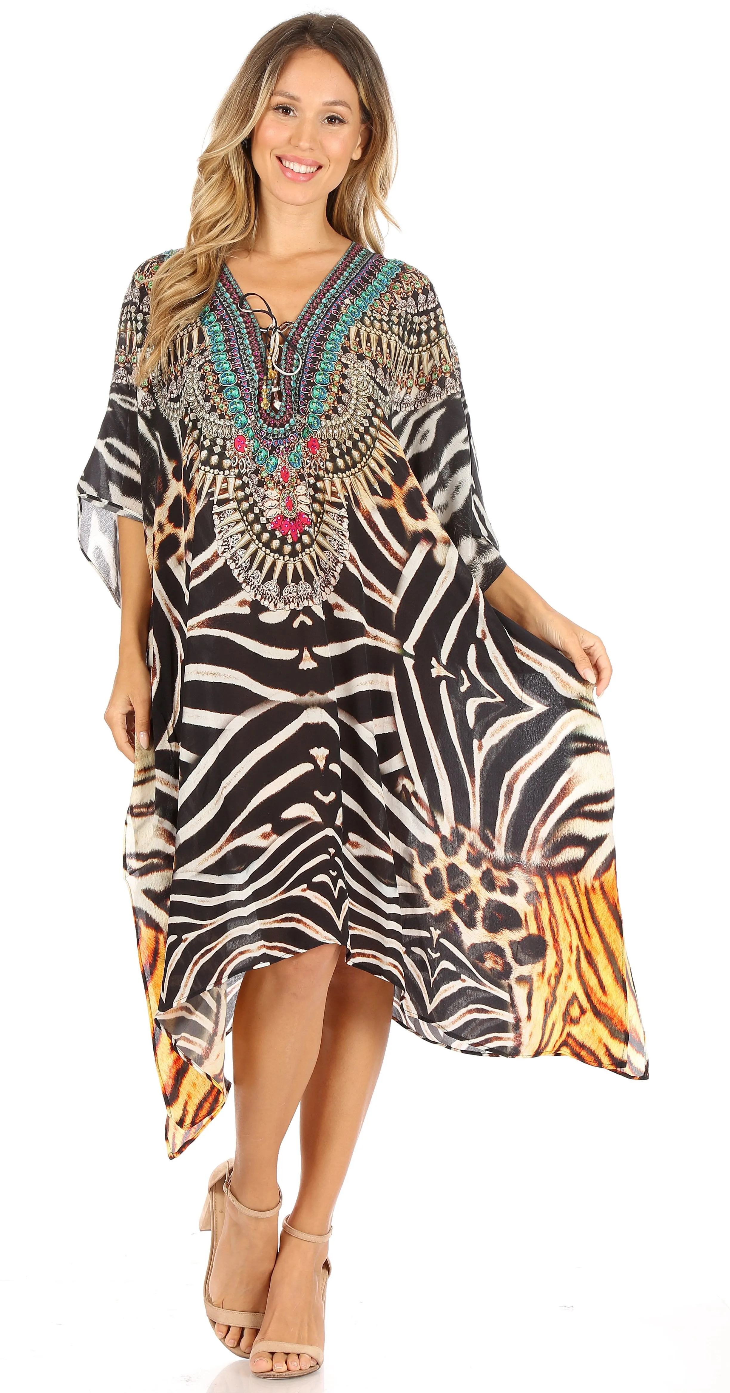 Sakkas Kristy Long Tall Lightweight Caftan Dress / Cover Up With V-Neck Jewels