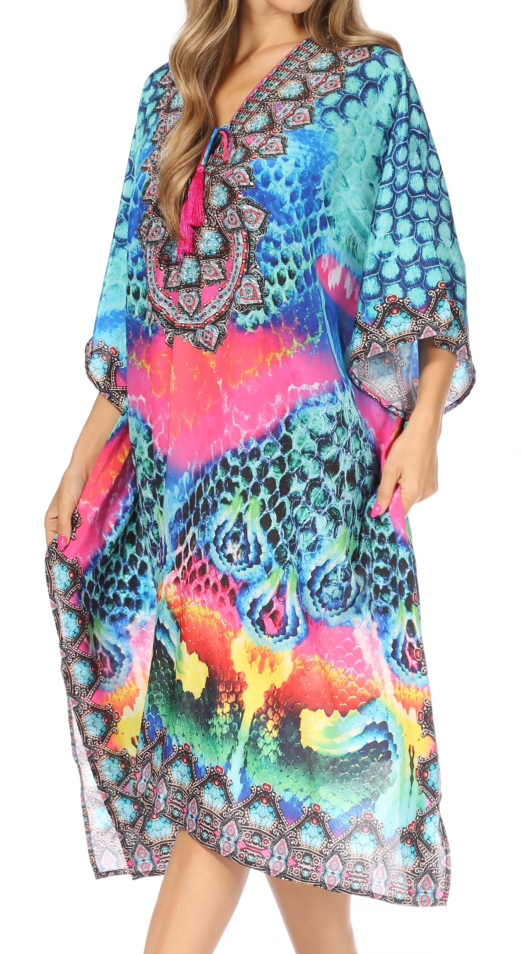 Sakkas Kristy Long Tall Lightweight Caftan Dress / Cover Up With V-Neck Jewels