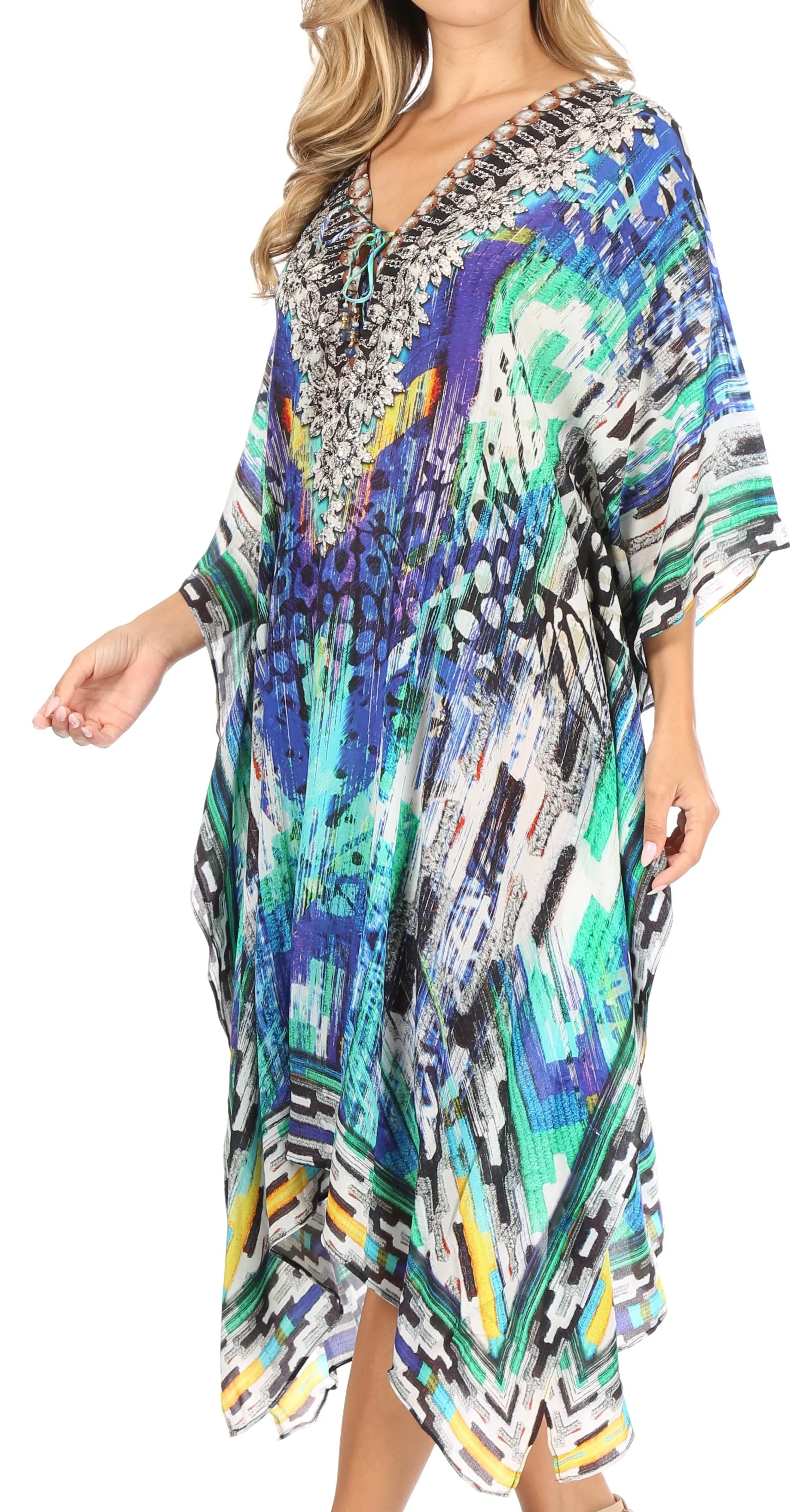 Sakkas Kristy Long Tall Lightweight Caftan Dress / Cover Up With V-Neck Jewels