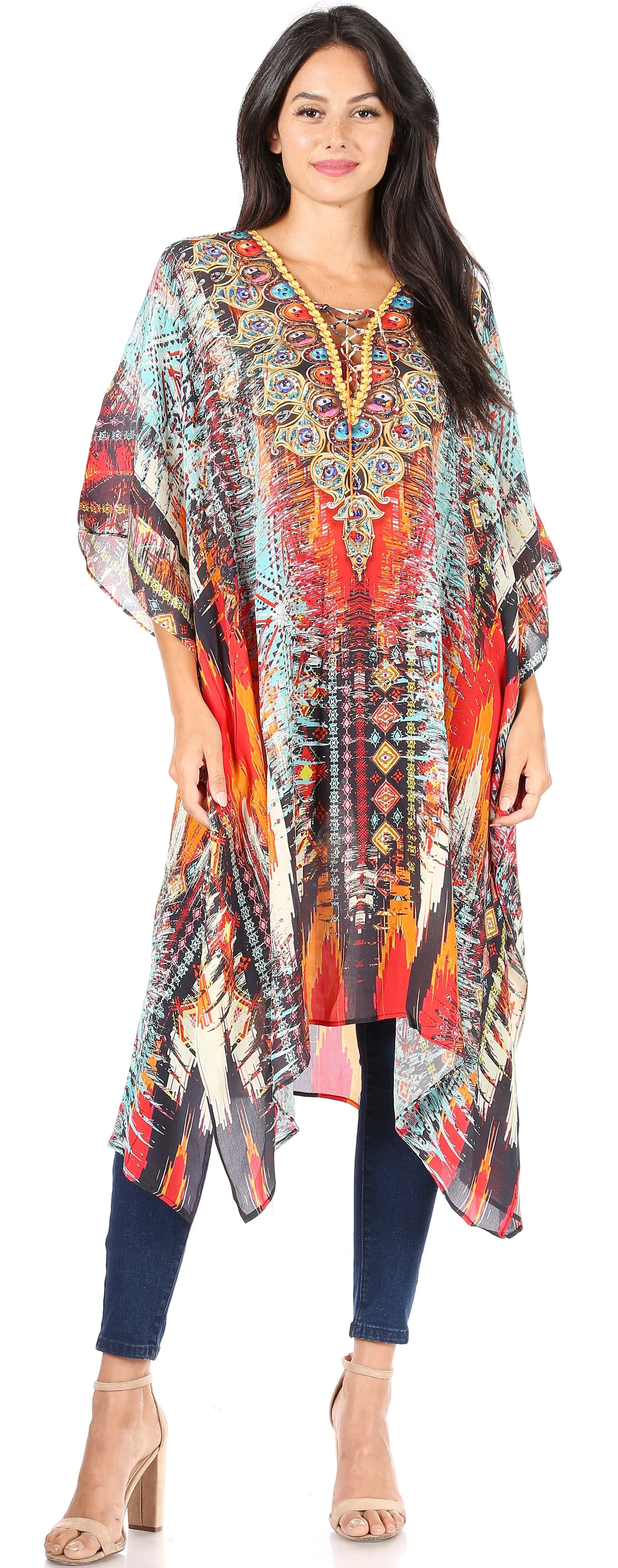 Sakkas Kristy Long Tall Lightweight Caftan Dress / Cover Up With V-Neck Jewels