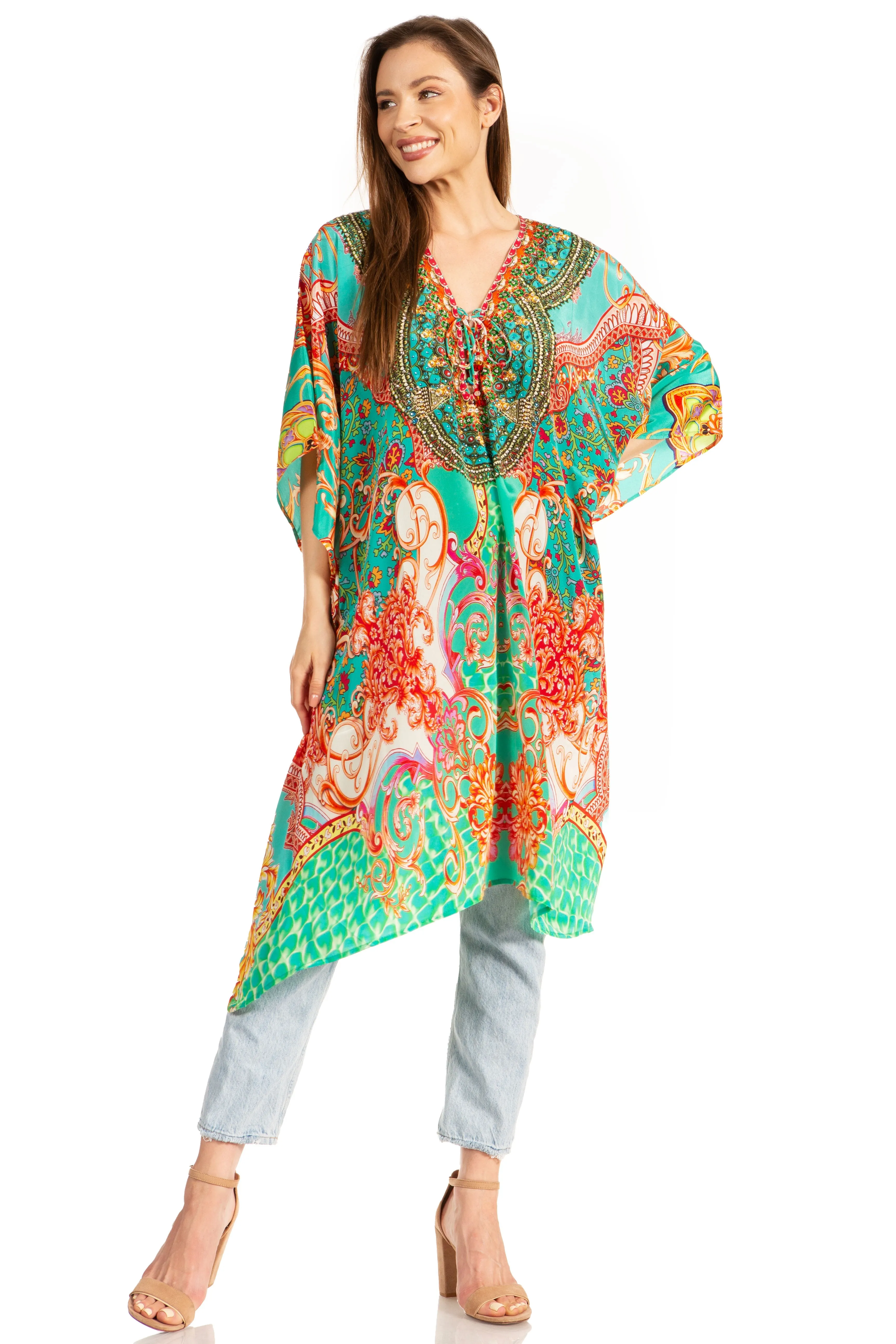 Sakkas Kristy Long Tall Lightweight Caftan Dress / Cover Up With V-Neck Jewels