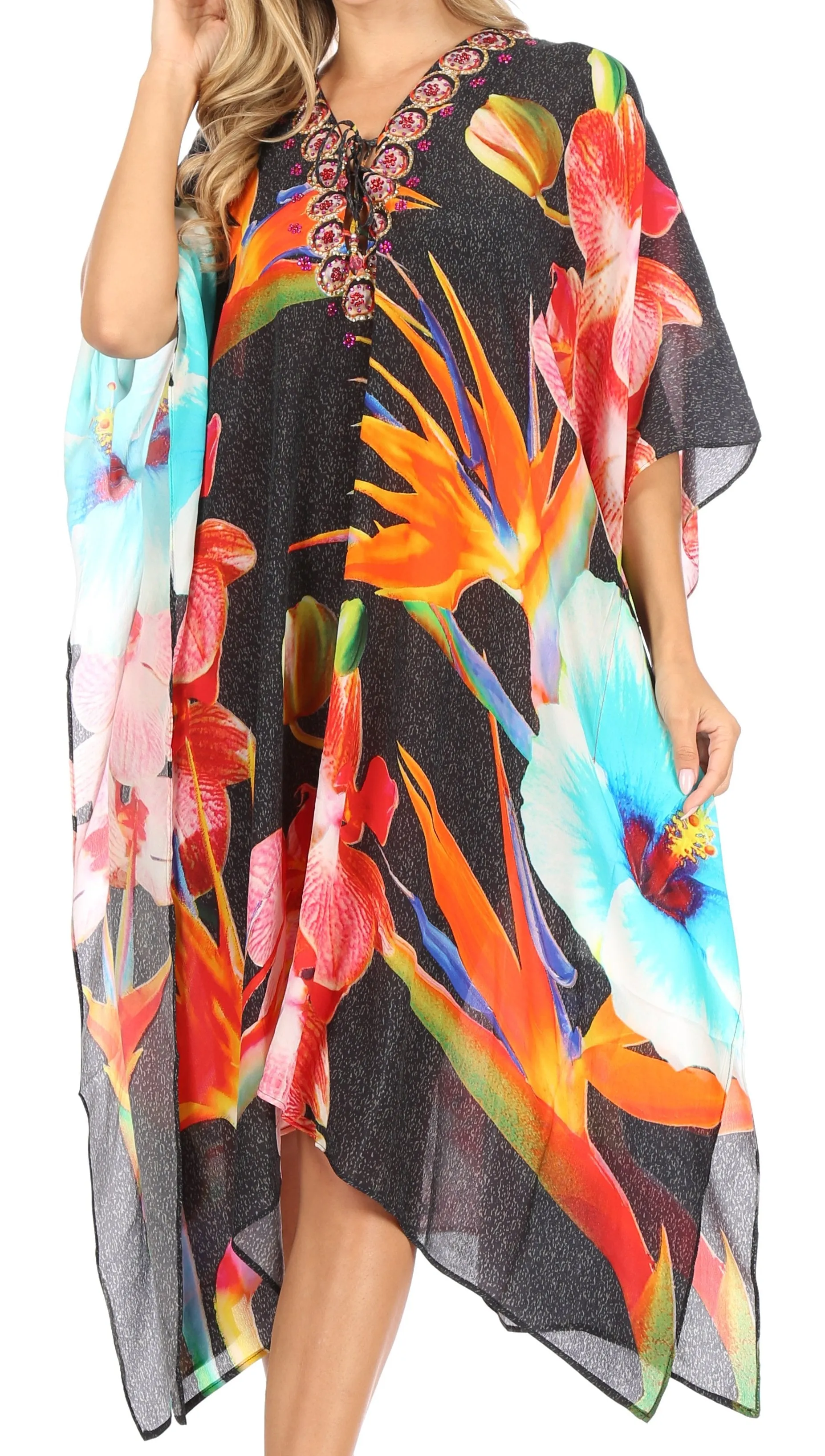 Sakkas Kristy Long Tall Lightweight Caftan Dress / Cover Up With V-Neck Jewels